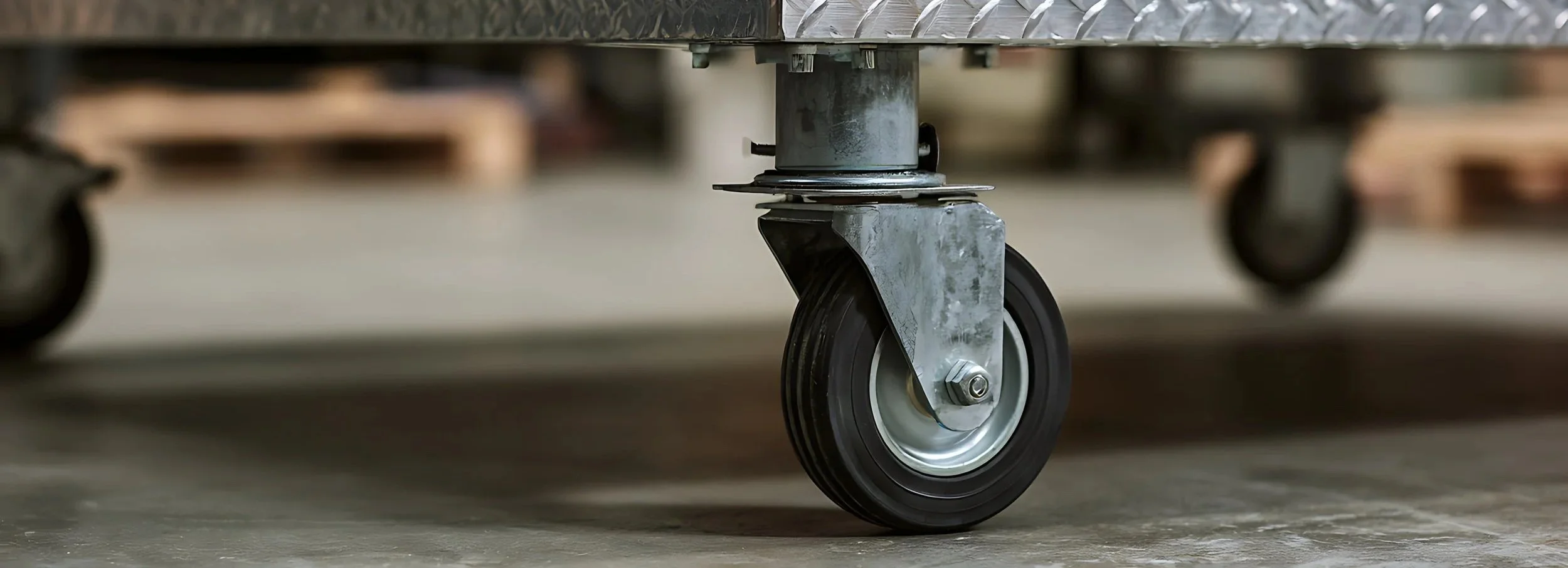 Close-up of a swivel caster wheel under a steel platform