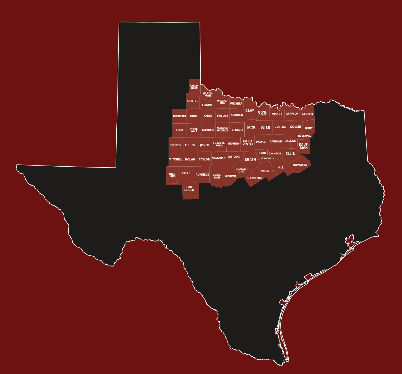 Texas map with the North Texas counties we serve highlighted in red