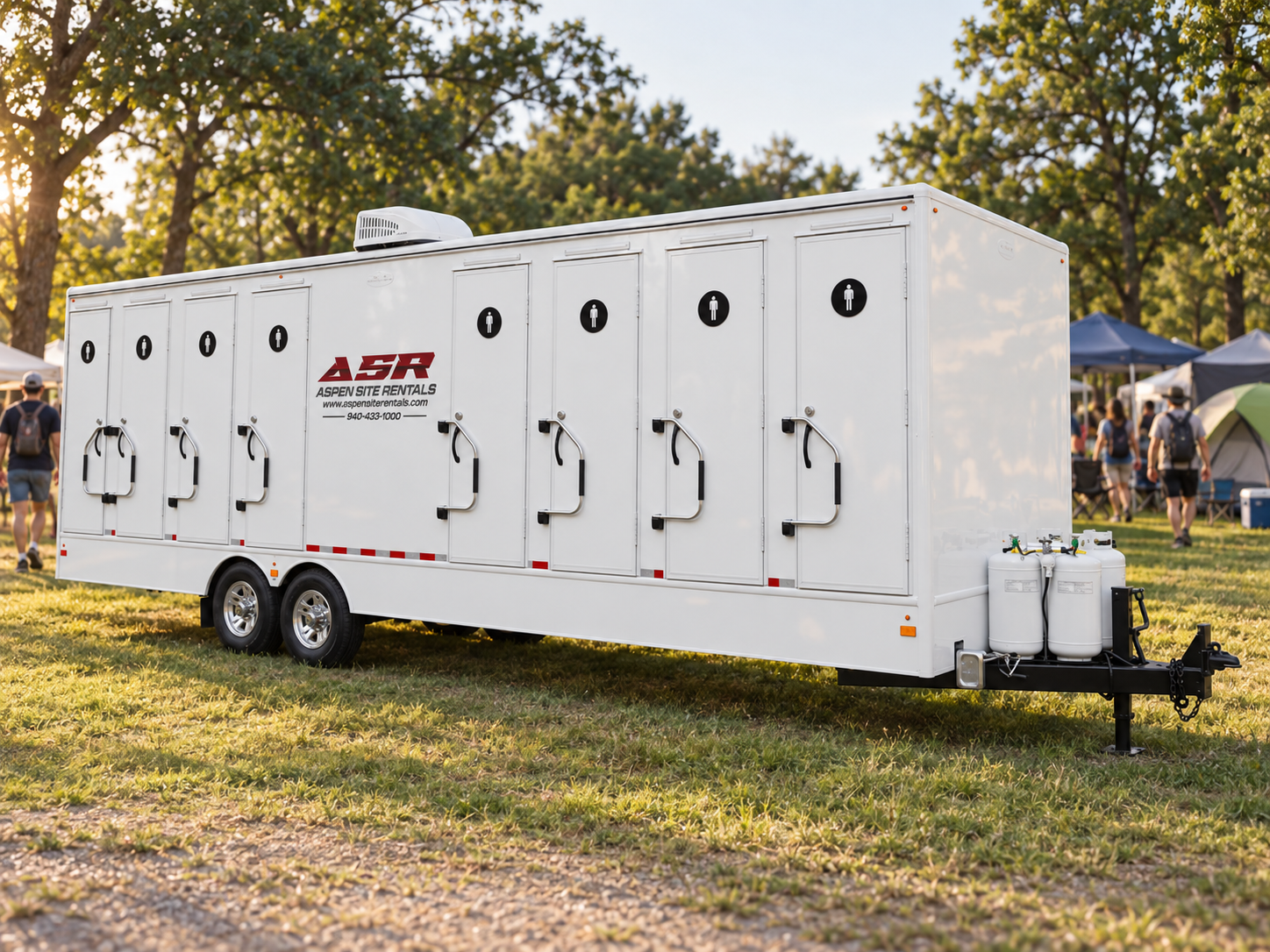 Rendering of an 8-door luxury restroom trailer at a daytime festival