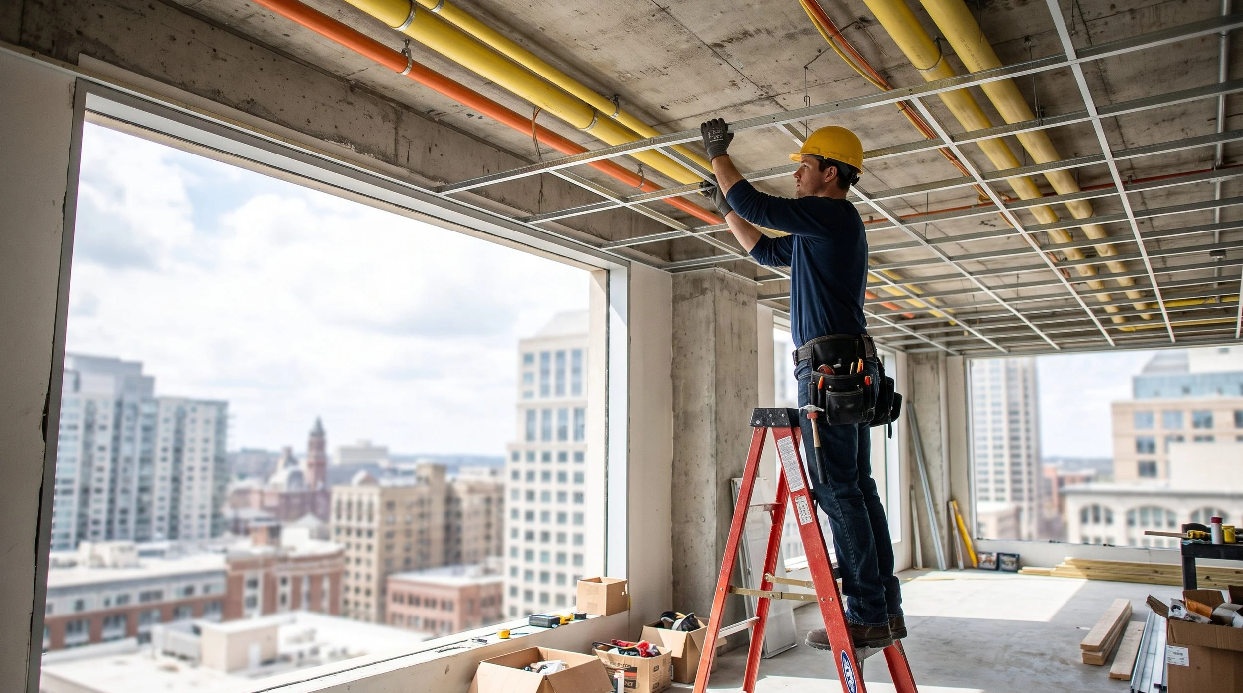 Worker on a red ladder installing pipes on an unfinished high-rise floor