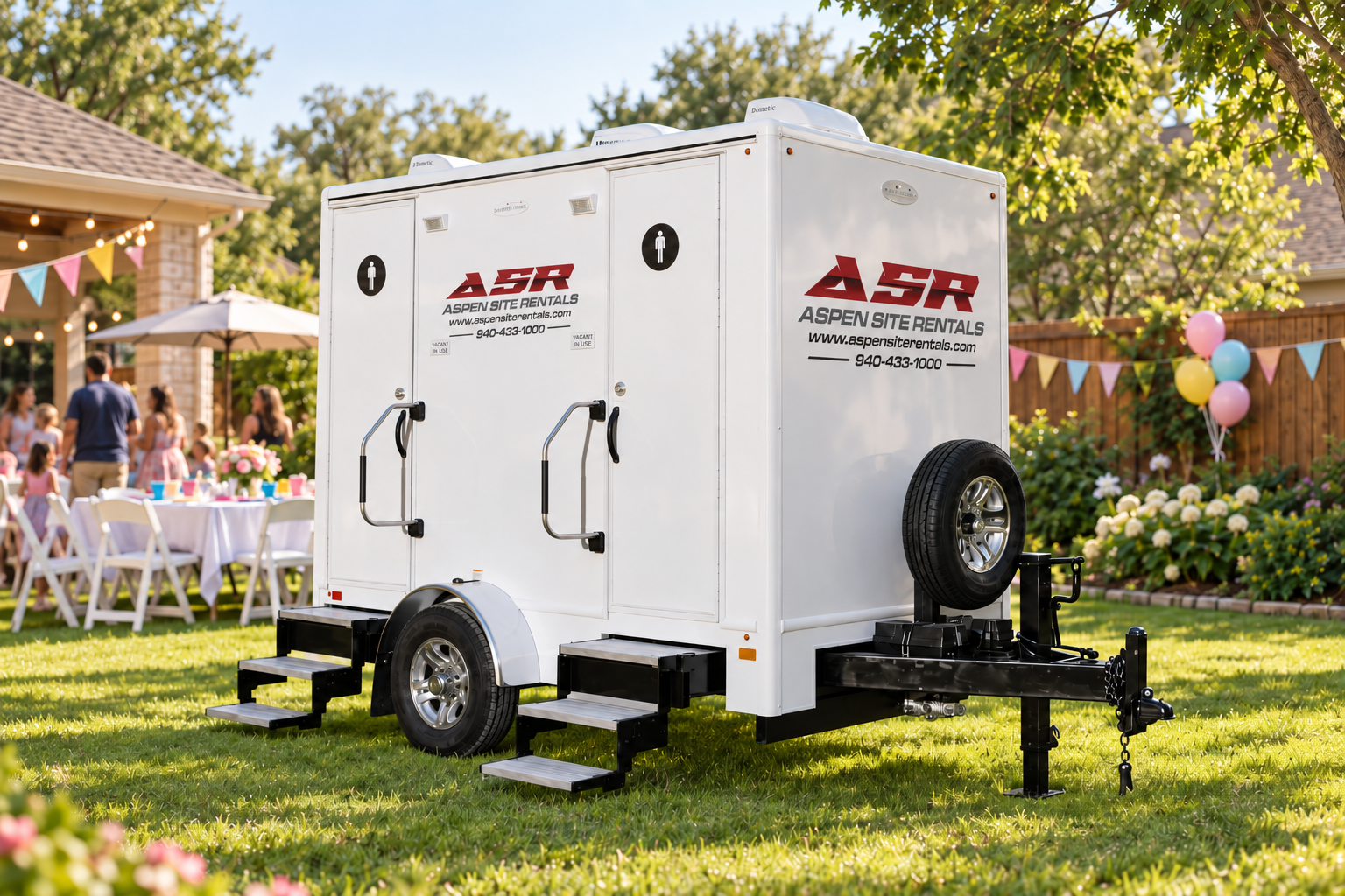 Rendering of a 2-door luxury restroom trailer on a lawn at a backyard party