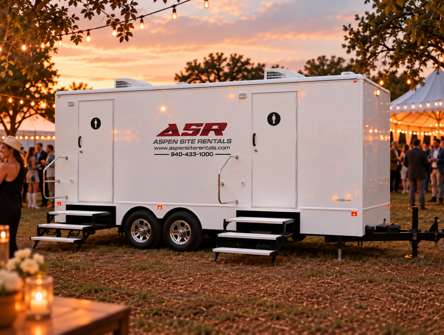 Rendering of a tandem-axle luxury restroom trailer at an evening event