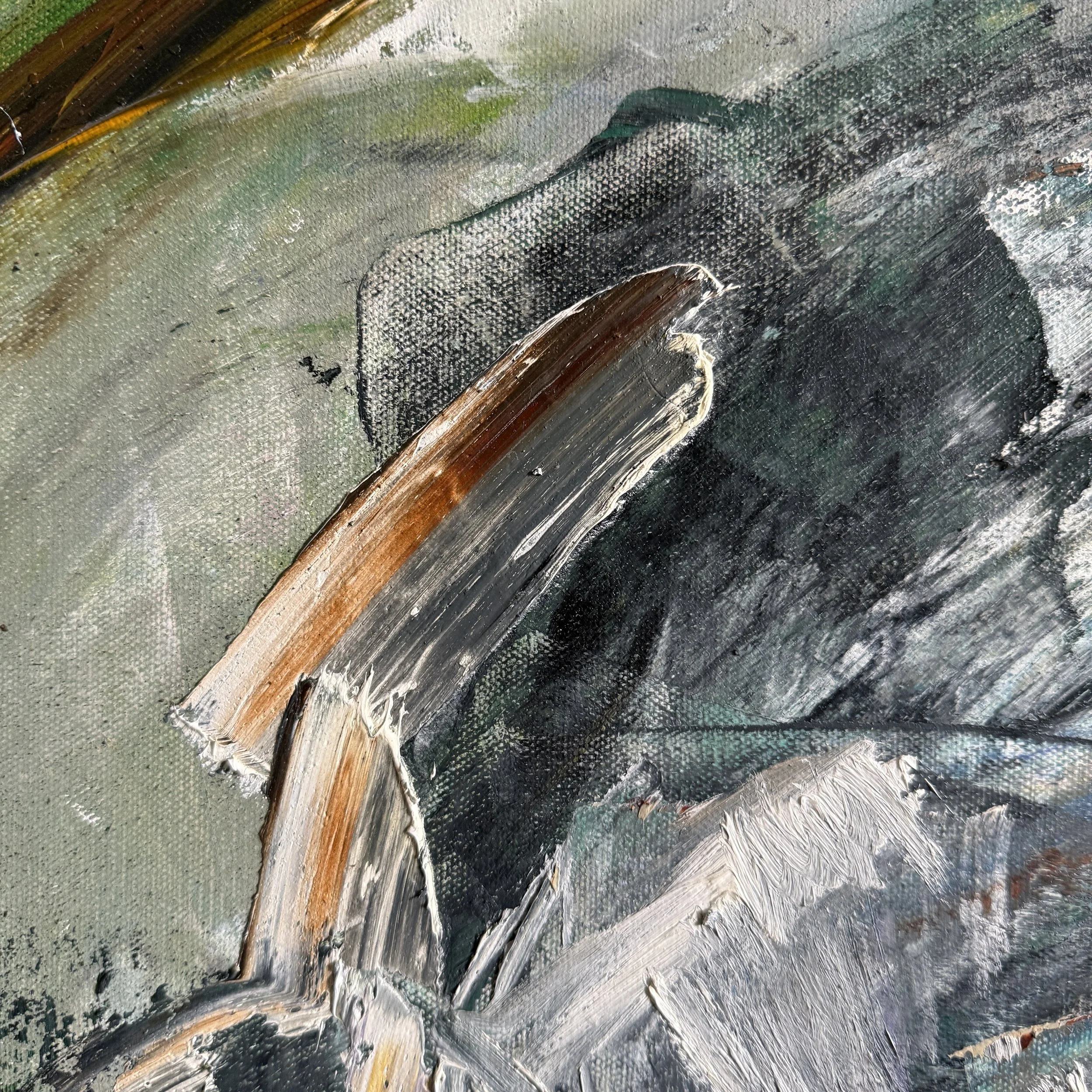 Close-up of an abstract painting with bold brushstrokes in shades of black, white, brown, green, and metallic silver.