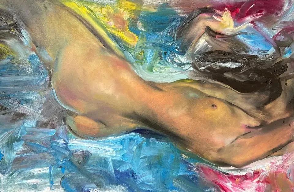 Abstract painting of a reclining nude woman with colorful brushstrokes.