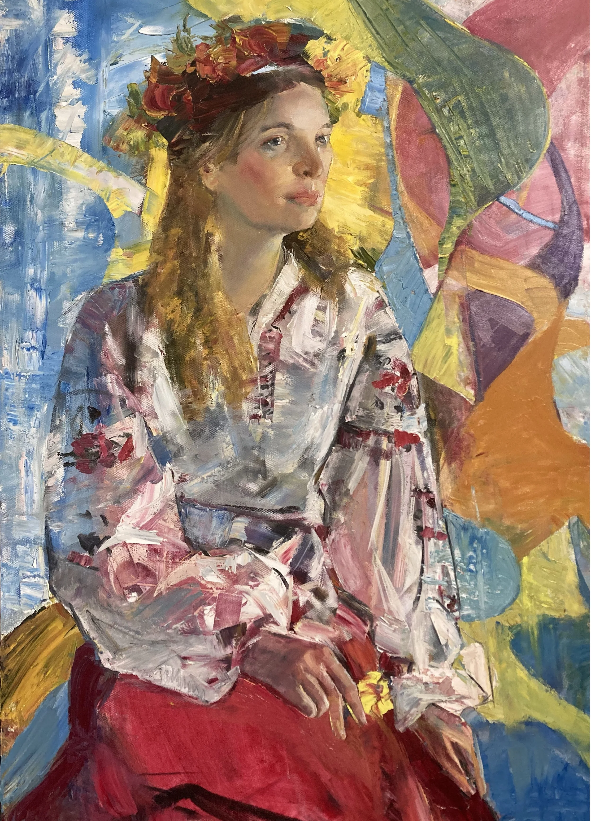 Painted portrait of a woman with long hair, wearing a floral blouse, sitting with her hand on her lap, surrounded by colorful abstract background.