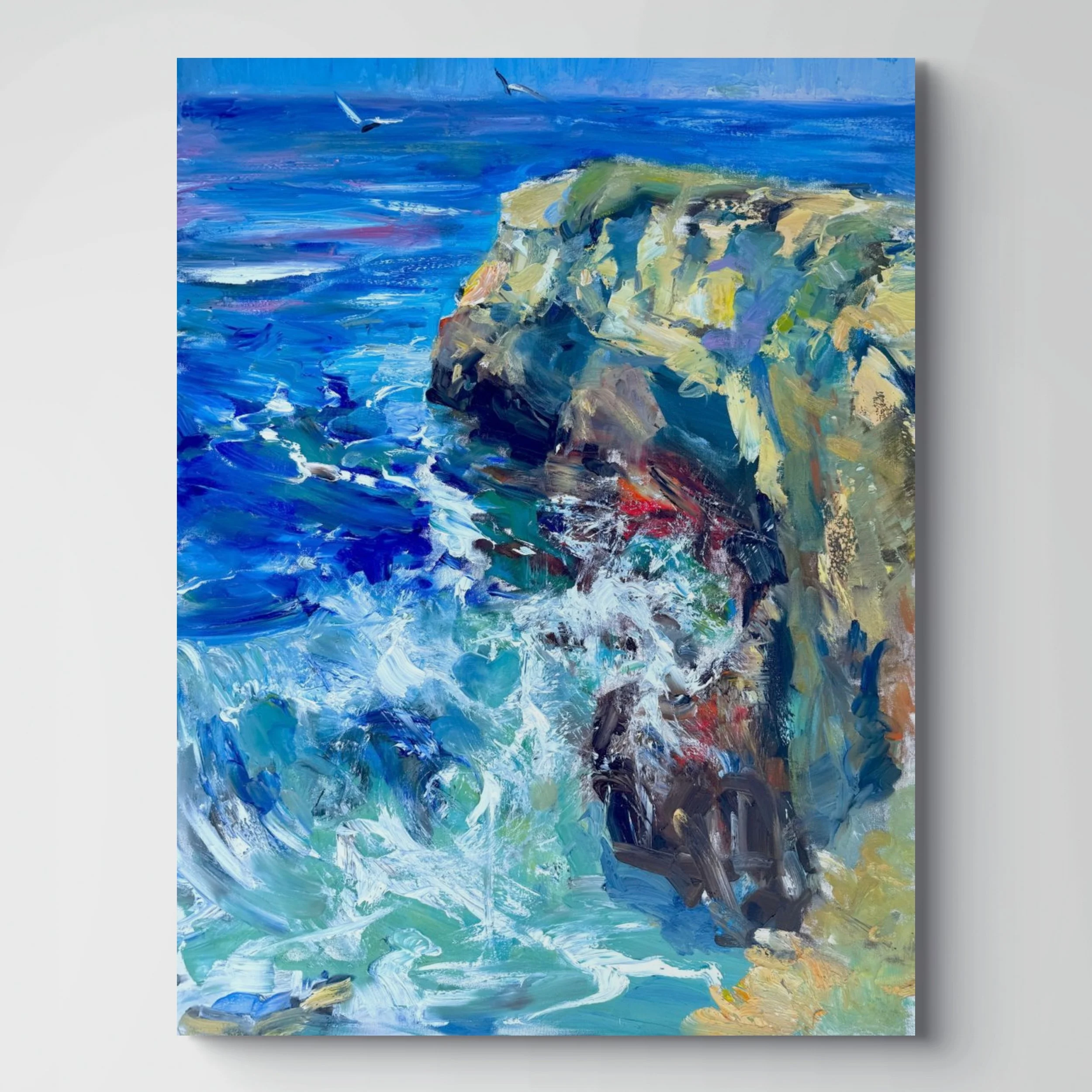 Abstract painting with vibrant shades of blue, green, yellow, and purple, with bold brushstrokes and a textured surface.