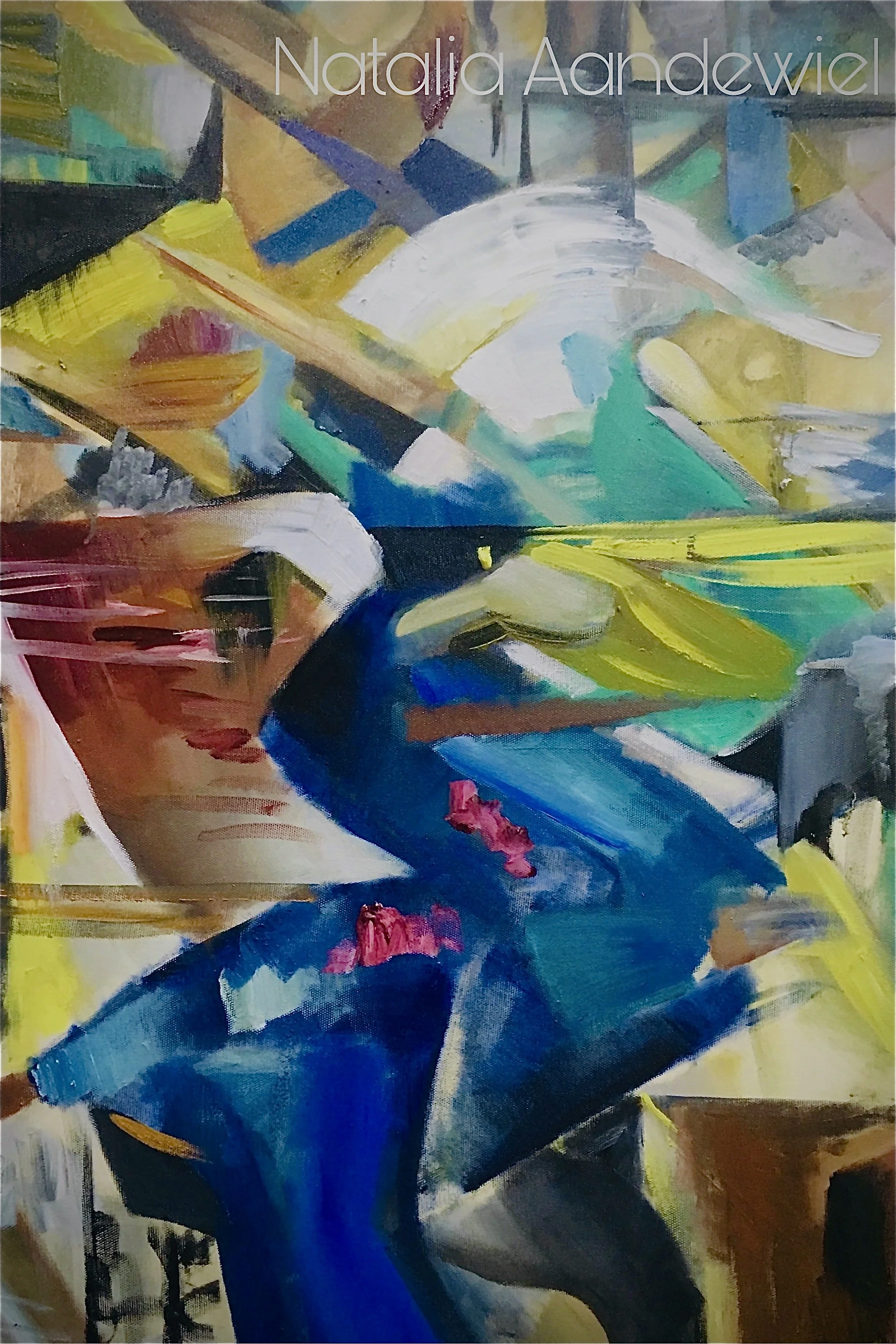 An abstract painting with bold brushstrokes in blue, yellow, white, black, and pink hues. The painting depicts a seated woman in profile, wearing a blue dress and with her head turned sideways. Her face is not detailed, focusing on shape and color.
