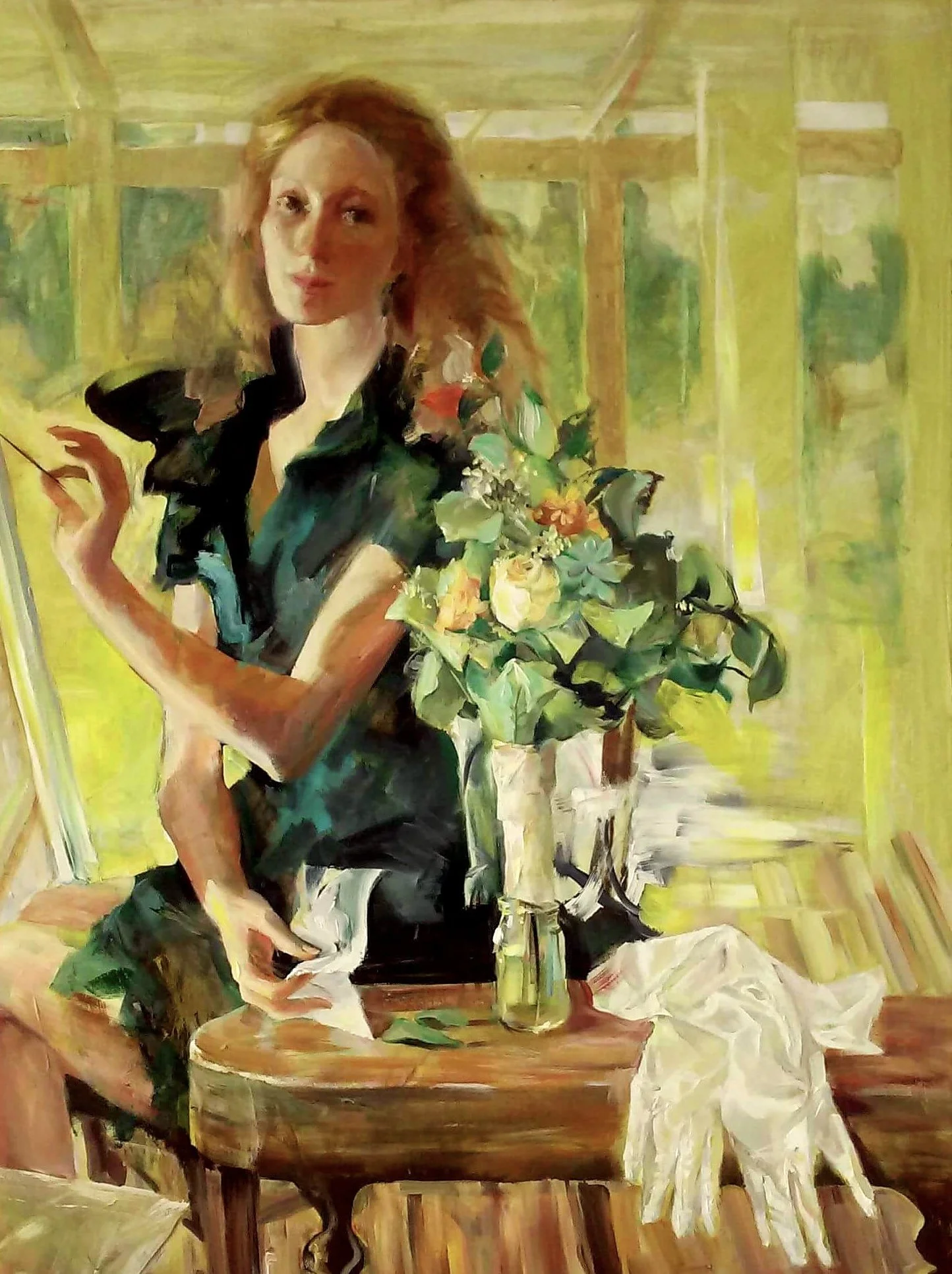 An impressionistic painting of a woman with red hair, wearing a black dress, sitting at a wooden table with a bouquet of flowers in a vase, inside a room with yellowish walls and windows.