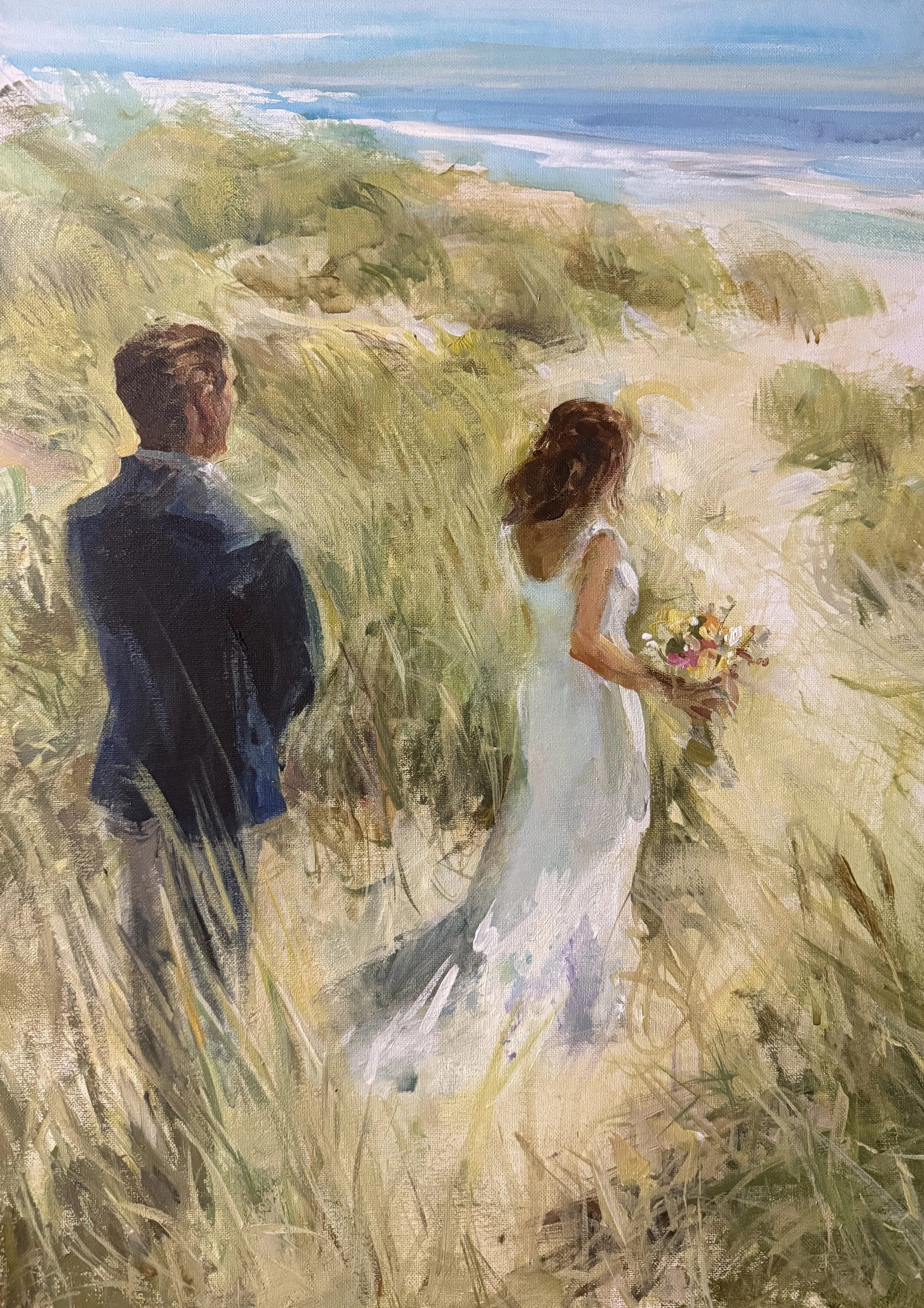 Painting of a man and woman walking through a grassy field, with the woman holding a bouquet of flowers, under a blue sky with clouds.