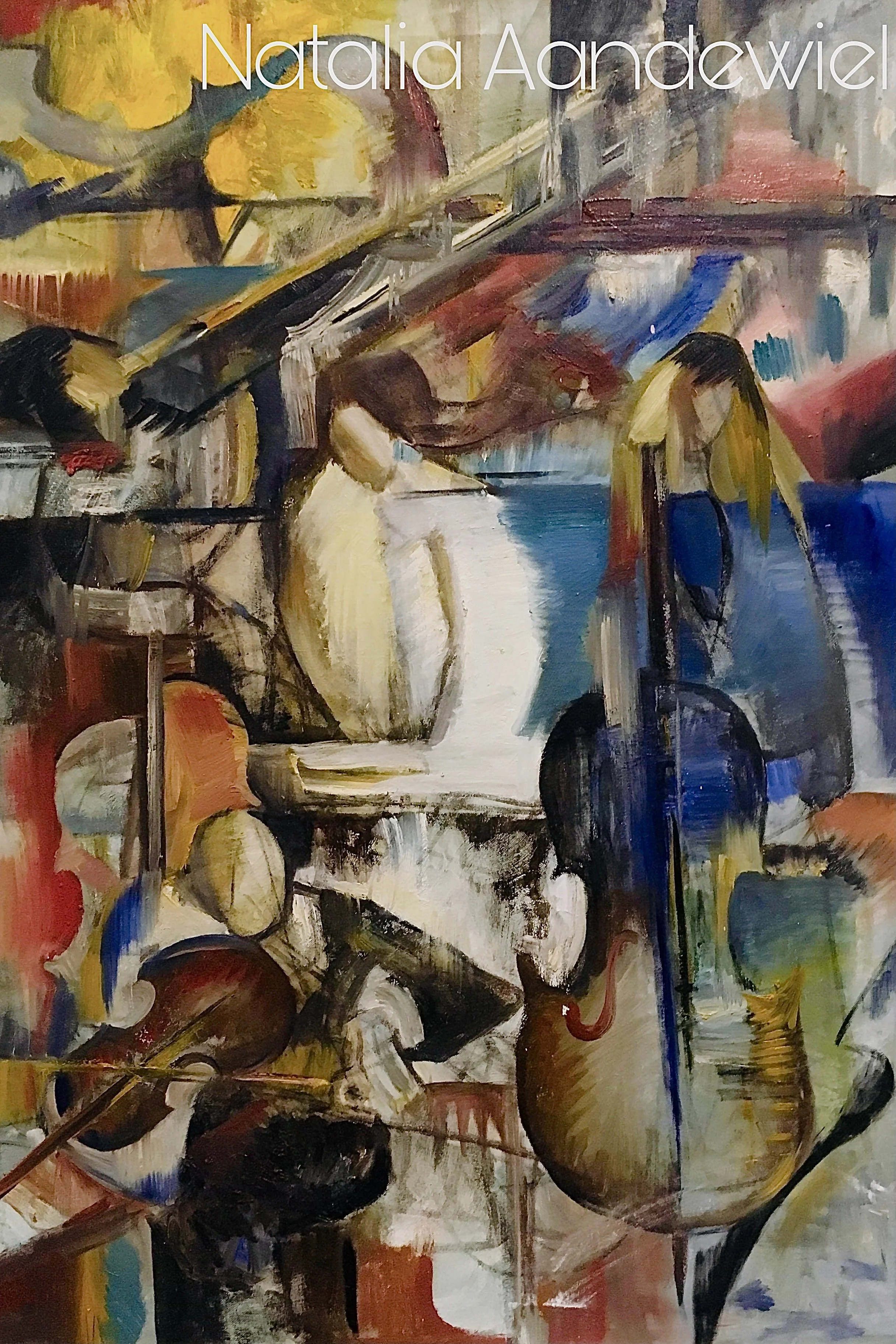 An abstract painting featuring a woman seated at a table with a bicycle nearby. The scene is composed of bold, expressive brushstrokes with vibrant colors including yellows, blues, reds, and browns. The woman appears to be engaged in an activity, possibly writing or reading, in a lively and dynamic setting.