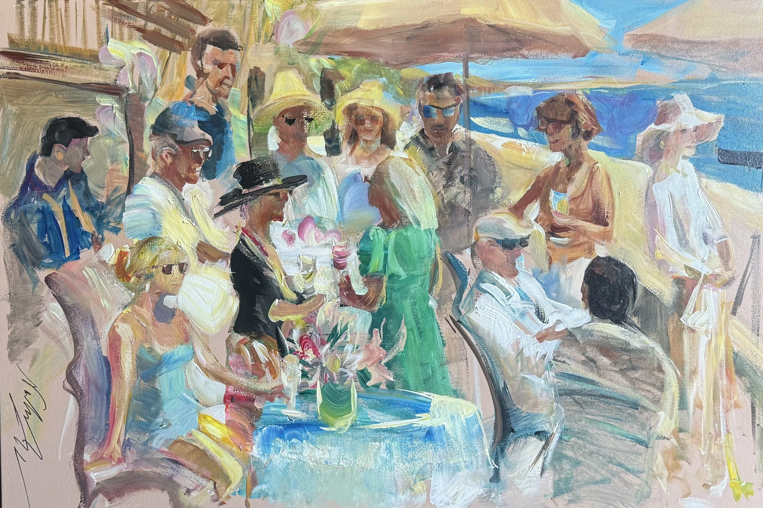 A colorful painting of a group of people at the beach, with some sitting and some standing under umbrellas, with the ocean and sky in the background.