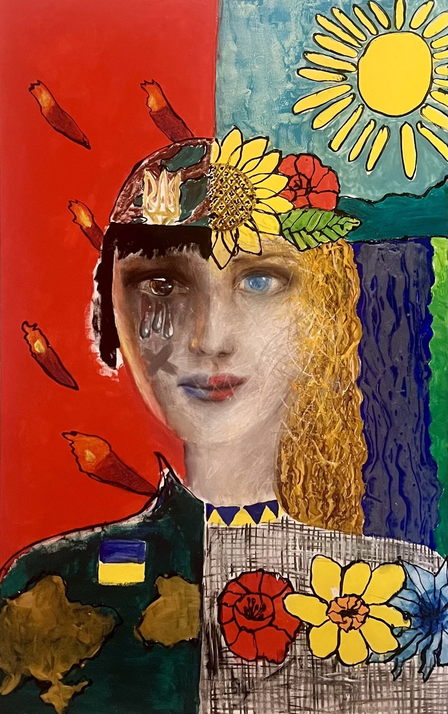 Abstract mixed media art featuring a woman's face with one eye blue and the other black, surrounded by colorful floral and geometric elements, with a sun and mountain scene in the background.