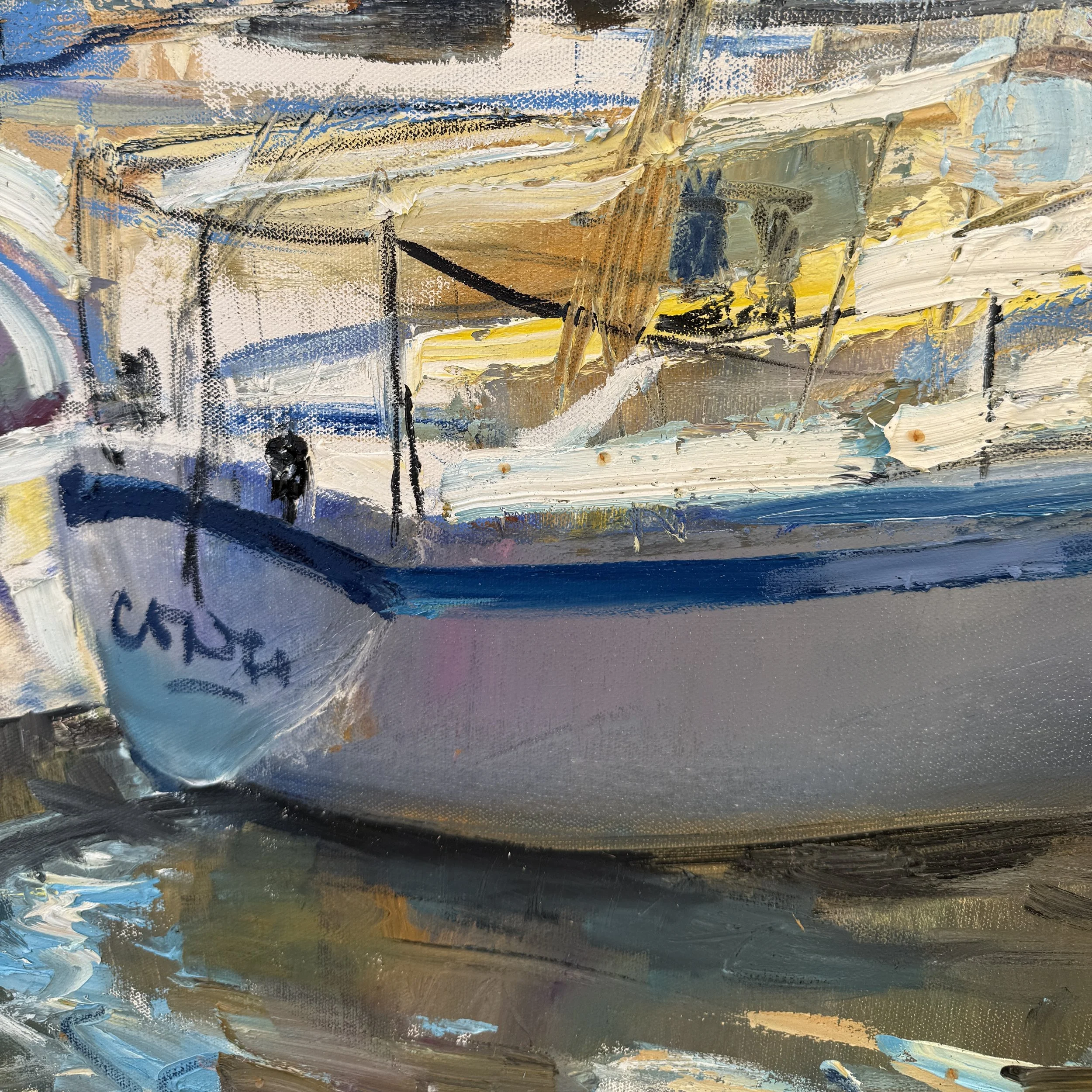Abstract landscape painting with thick brushstrokes in shades of blue, yellow, beige, gray, and black, creating a textured, colorful scene.