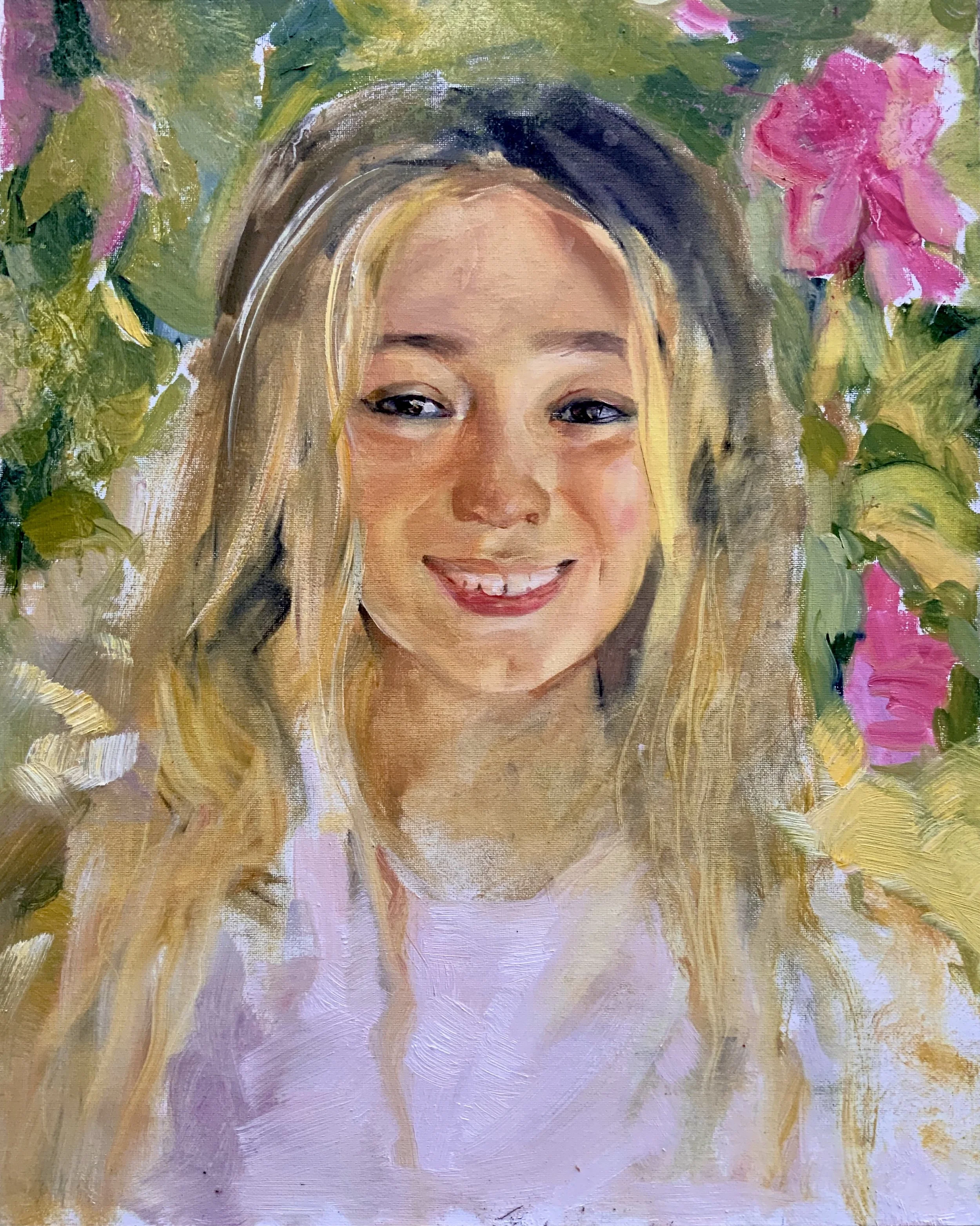 A portrait of a young woman with long blonde hair, smiling, surrounded by pink flowers and green foliage in a painted art style.