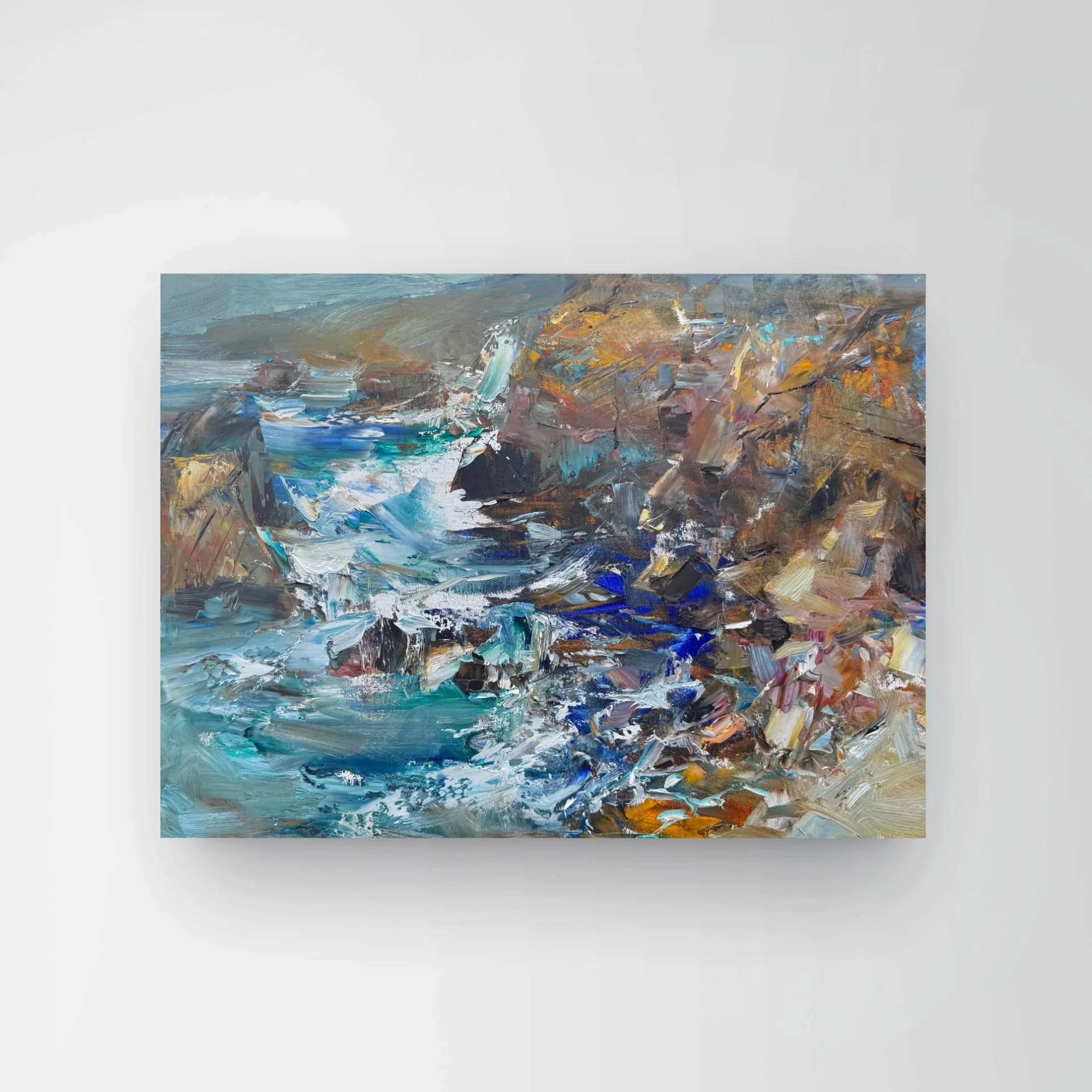 Abstract oil painting with swirling brushstrokes in shades of blue, brown, white, and hints of green on a rectangular canvas against a white background.