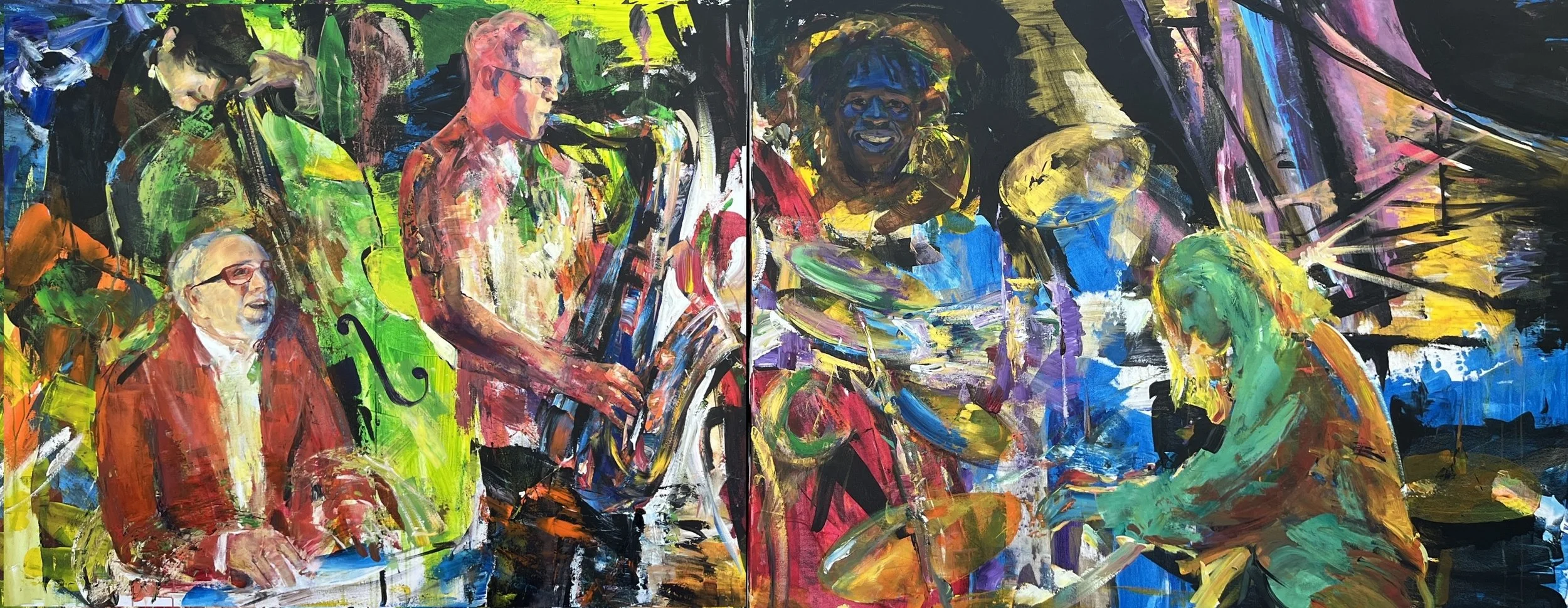 Colorful abstract painting of a jazz band performing, with a man playing the saxophone, a drummer, a woman singing, and others, all depicted with vivid brushstrokes.