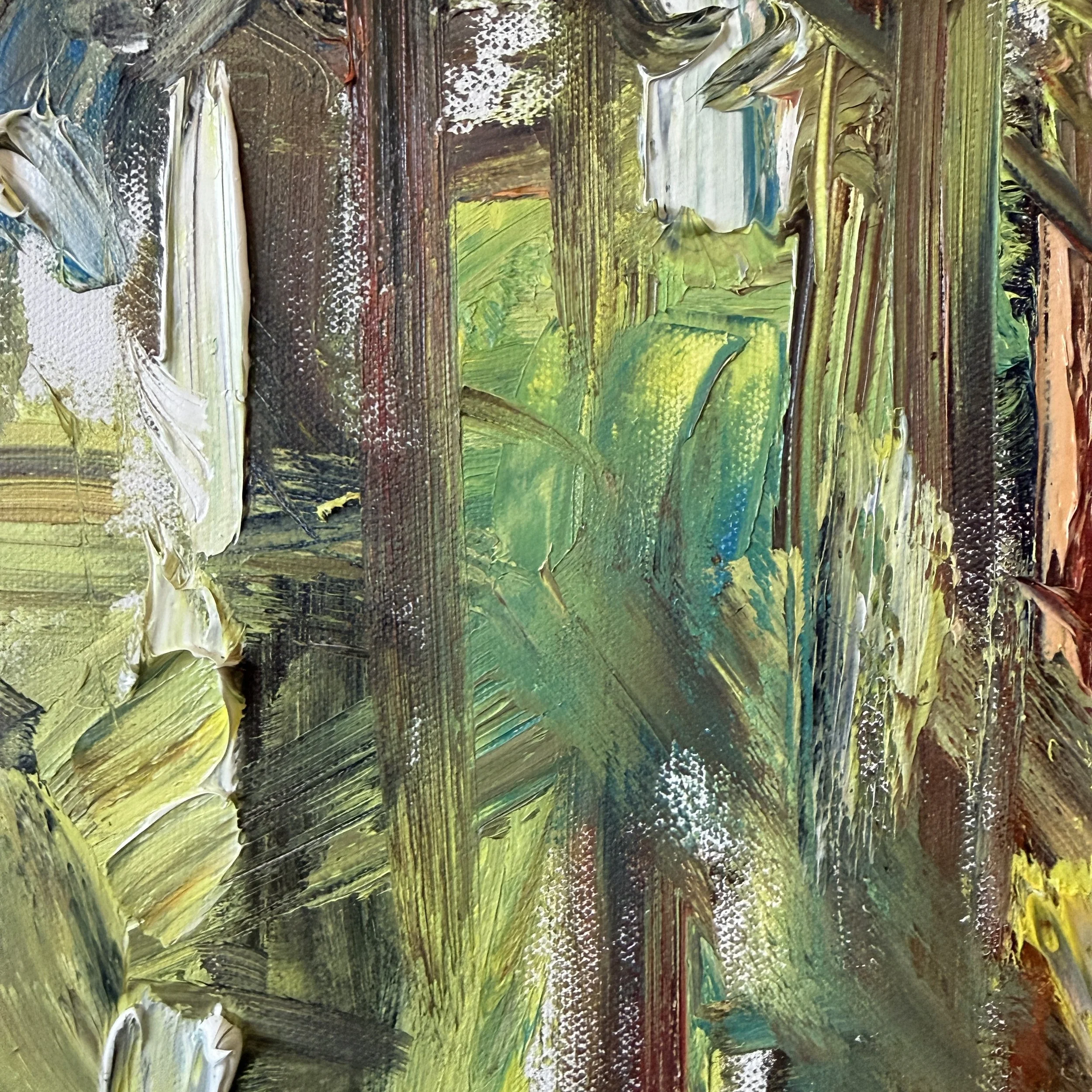 Close-up of an abstract colorful painting with thick textured brushstrokes in green, yellow, brown, black, white, and hints of blue and red.