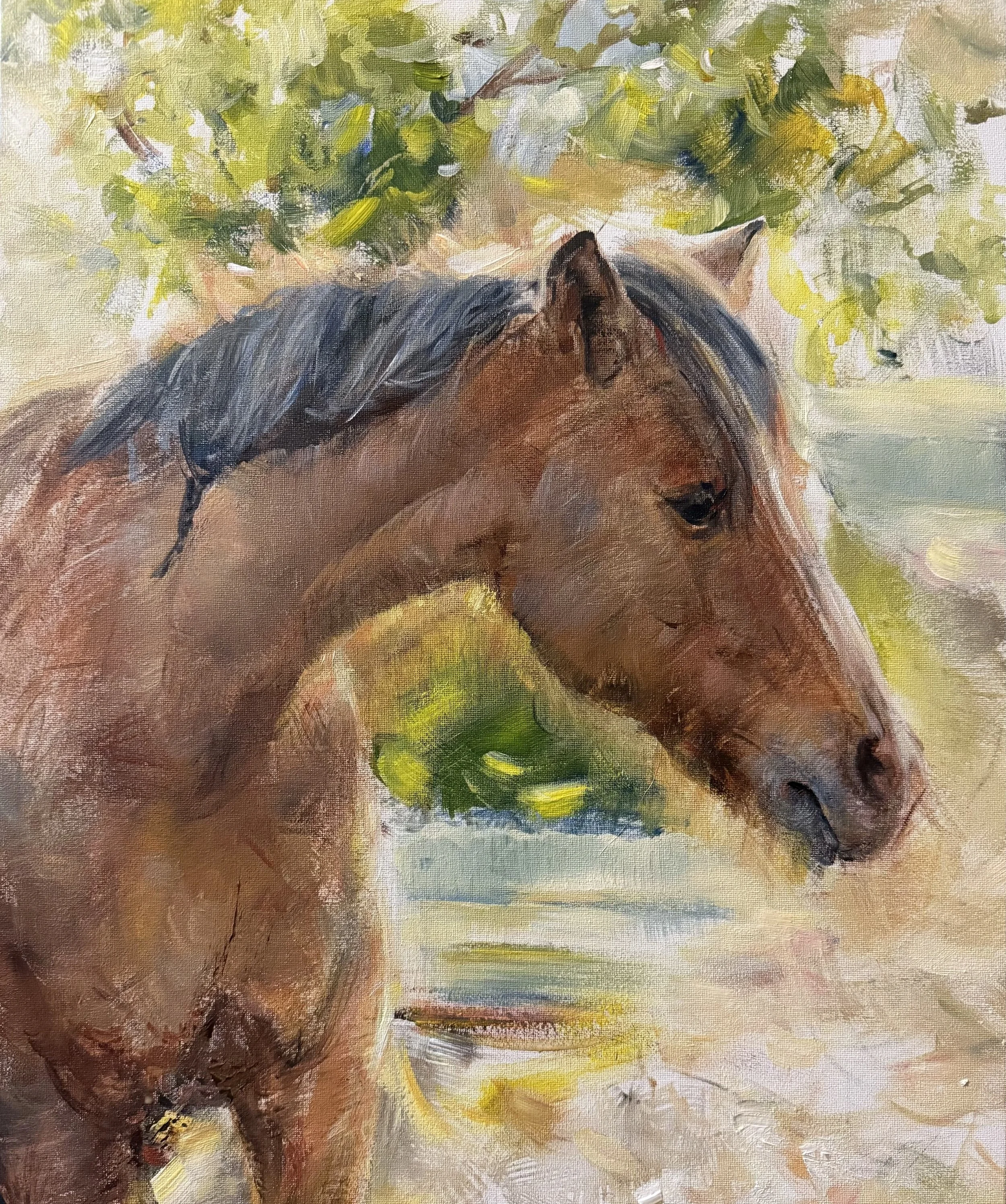 A painting of a horse's head, with a background of green foliage, created with loose brushstrokes and a textured canvas.