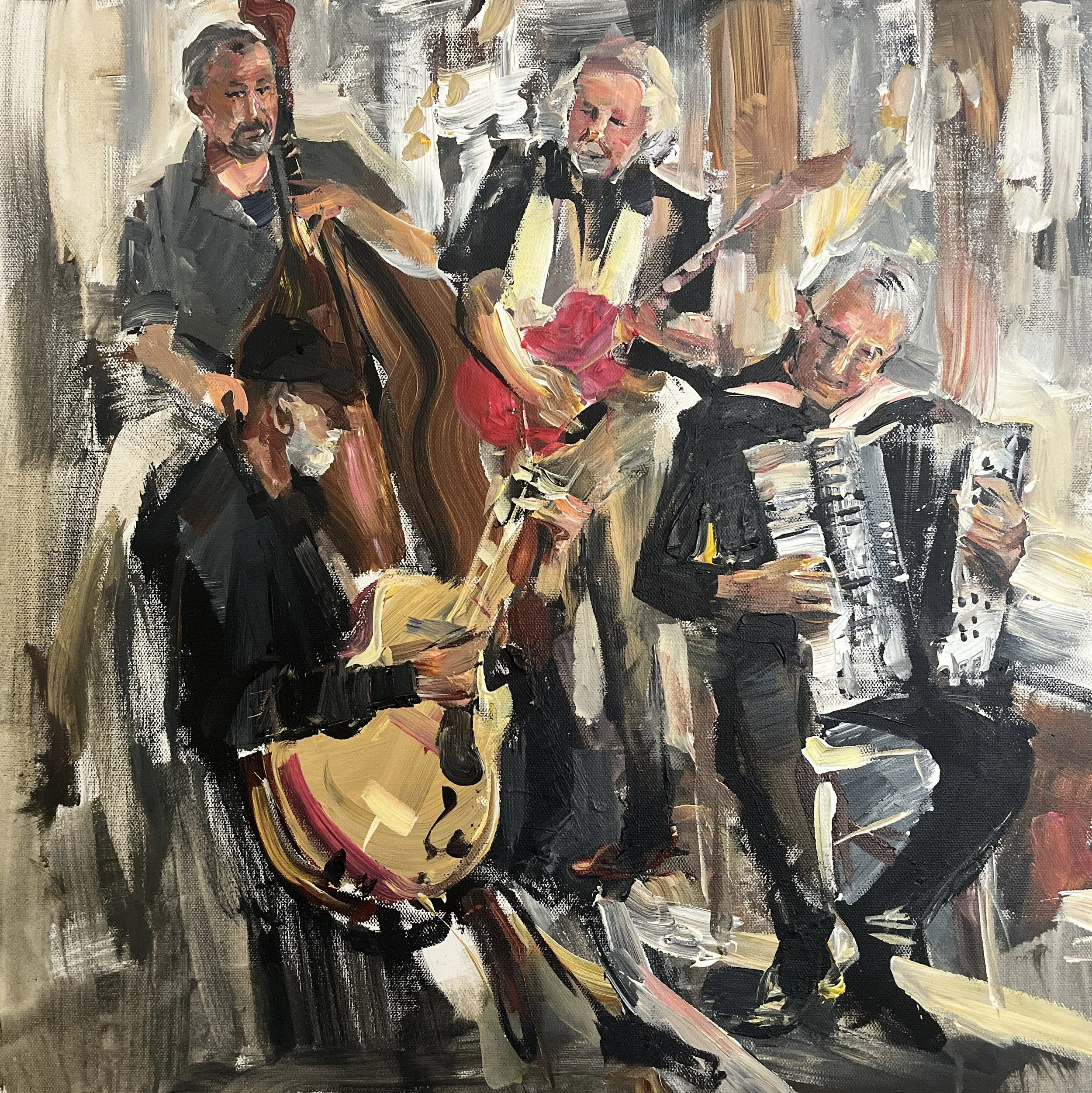 An abstract painting depicting two musicians playing guitars, with bold brush strokes and a muted color palette of black, beige, white, and hints of red and yellow.