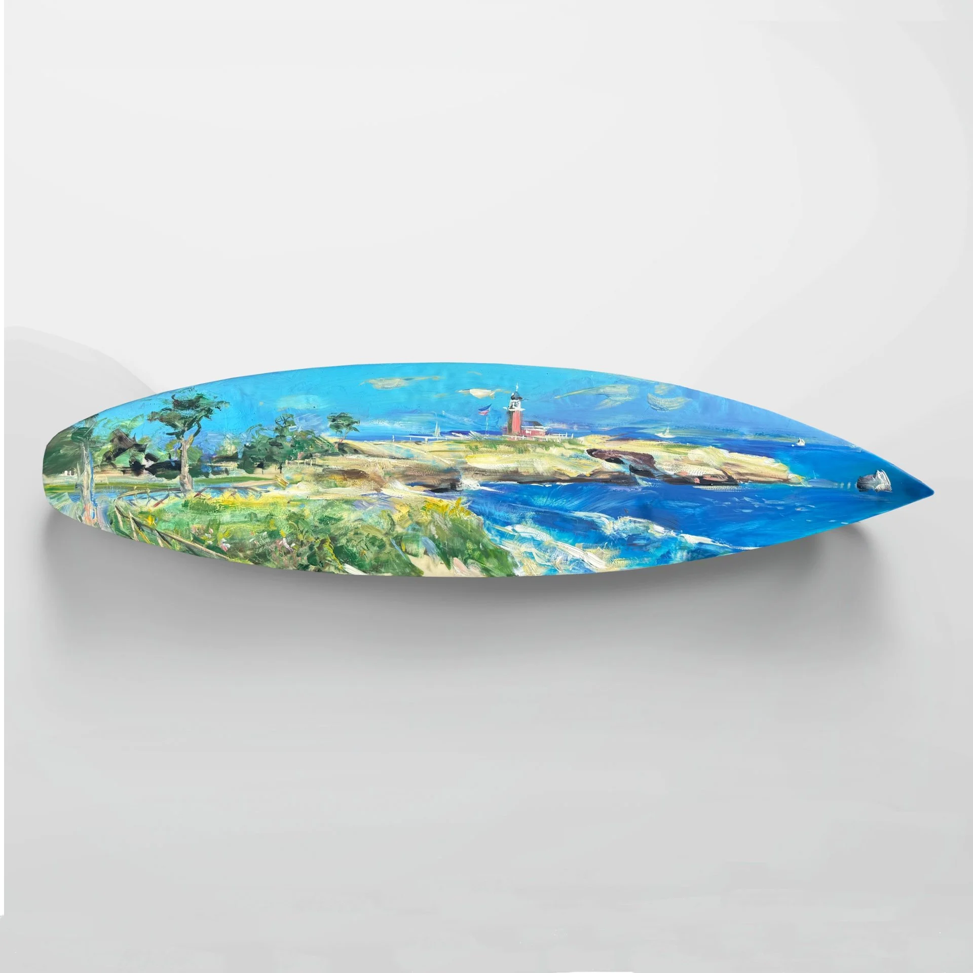 Painting of a coastal scene with trees, a lighthouse, and sailboats on the sea.