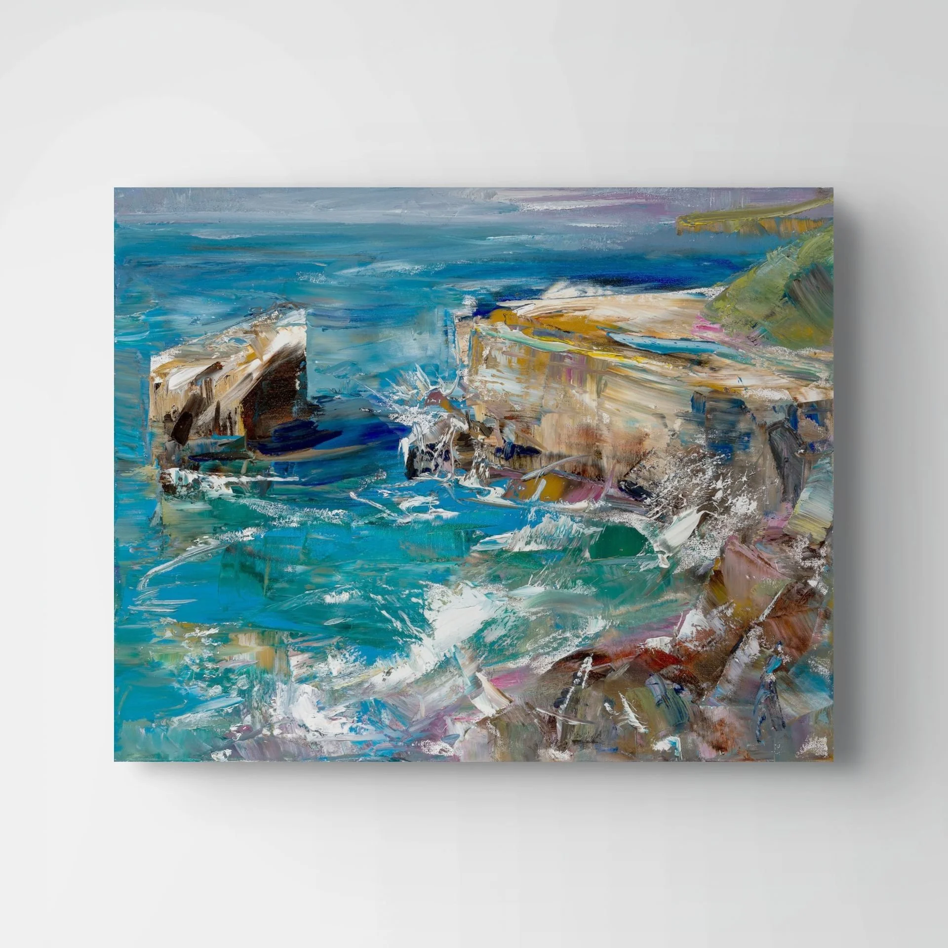 Abstract landscape painting with a blue sky, ocean waves, and rocky shoreline with green hills on the right.