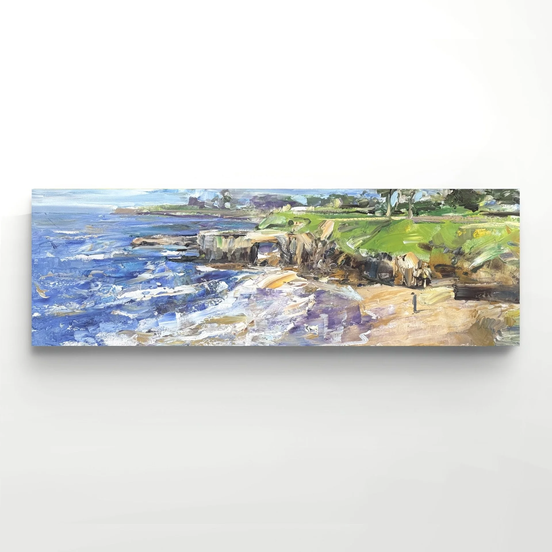 A colorful, impressionist landscape painting of a shoreline scene with water, land, trees, and sky displayed on a wall.