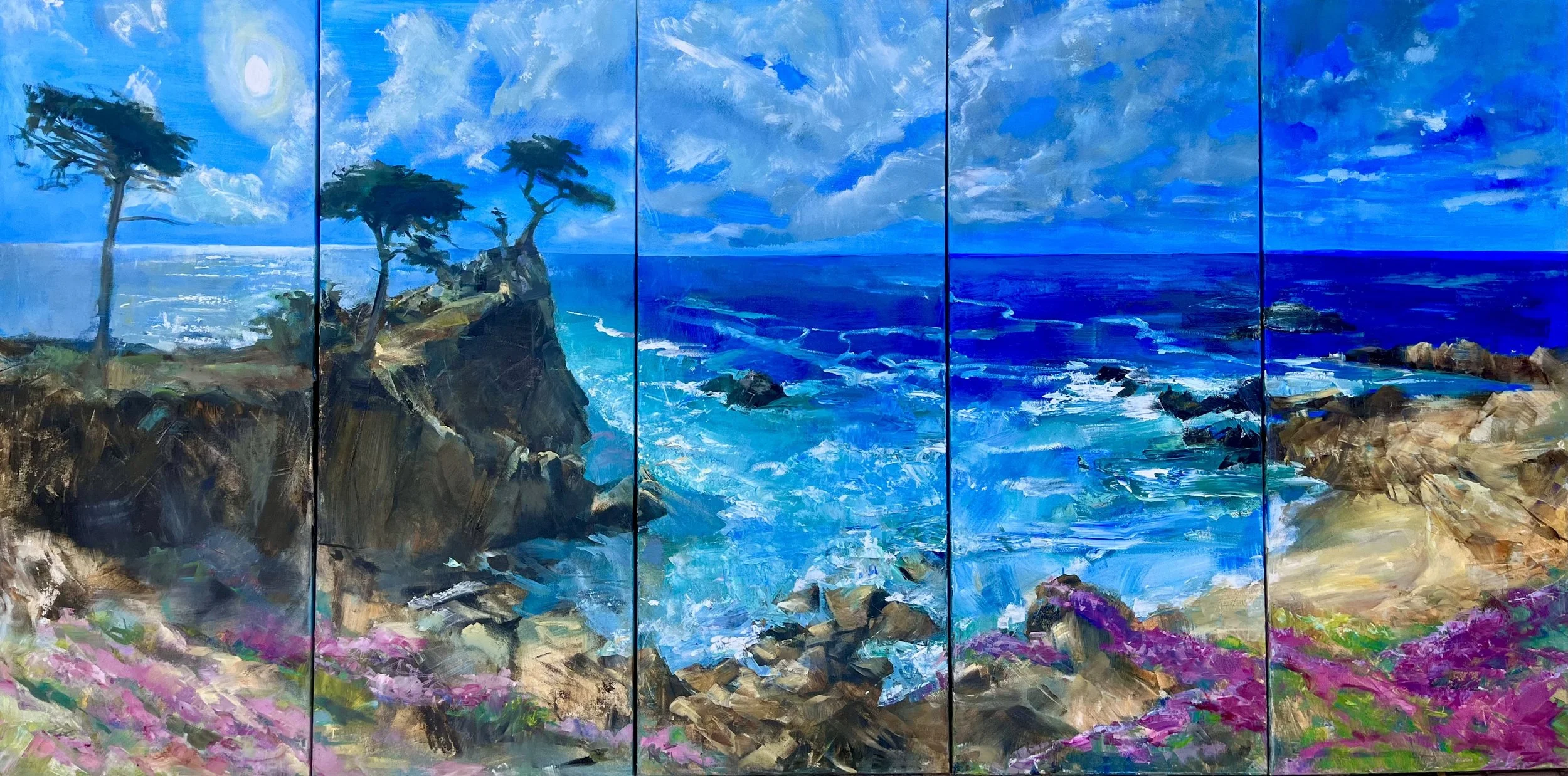 Painting of a coastal landscape with rocky cliffs, a few trees, ocean waves, and a bright sky with clouds.