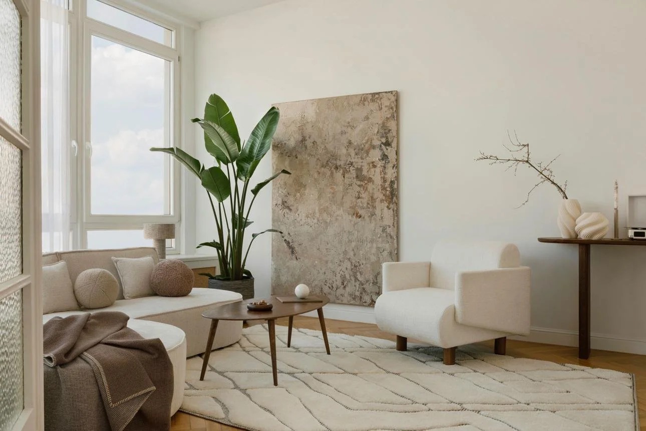 Sunlit living room with white walls, large windows, a beige sofa with decorative pillows, a white armchair, a wooden coffee table, a large potted plant, abstract artwork, and minimal decor.