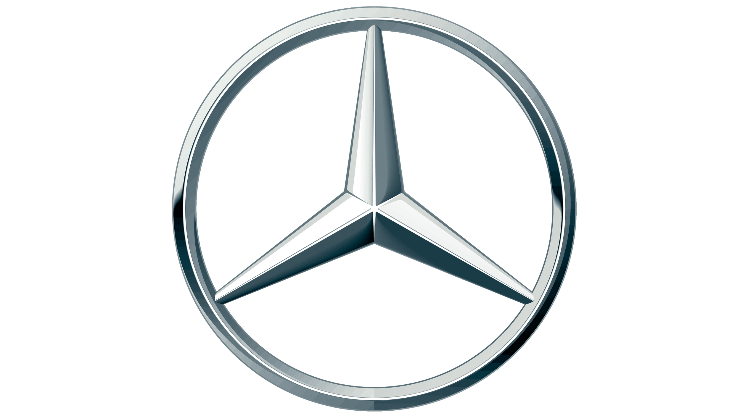 Das Mercedes-Benz Logo, ein silberner Kreis mit einem dreieckigen Stern in der Mitte, auf grünem Hintergrund.