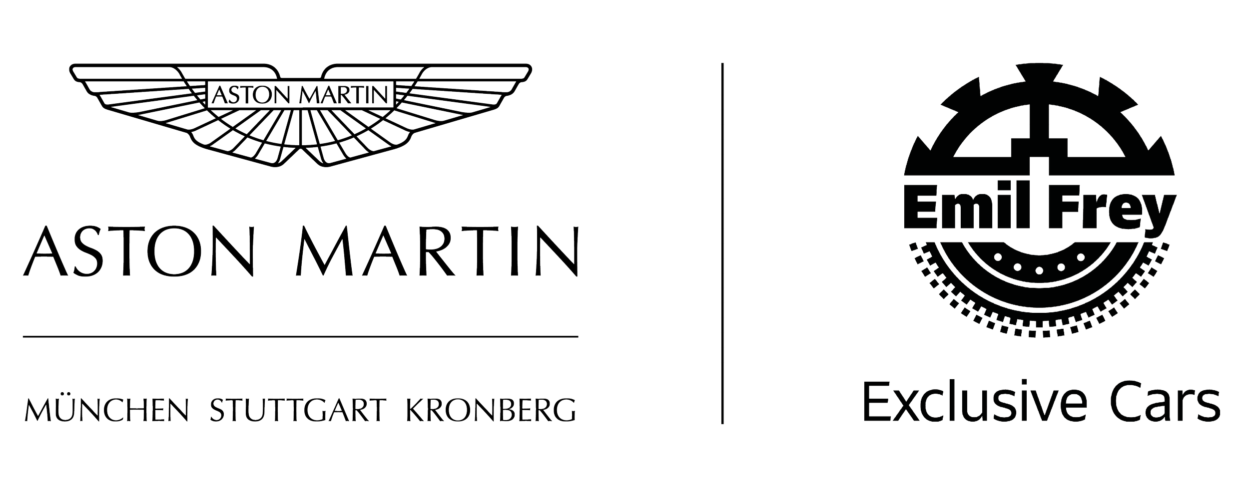 Zwei Logos: Links das Aston Martin Logo mit Flügel und Text, darunter die Stadtnamen München, Stuttgart und Kronberg; rechts das Emil Frey Logo mit einem Kreis und Text, darunter die Worte 'Exclusive Cars'.