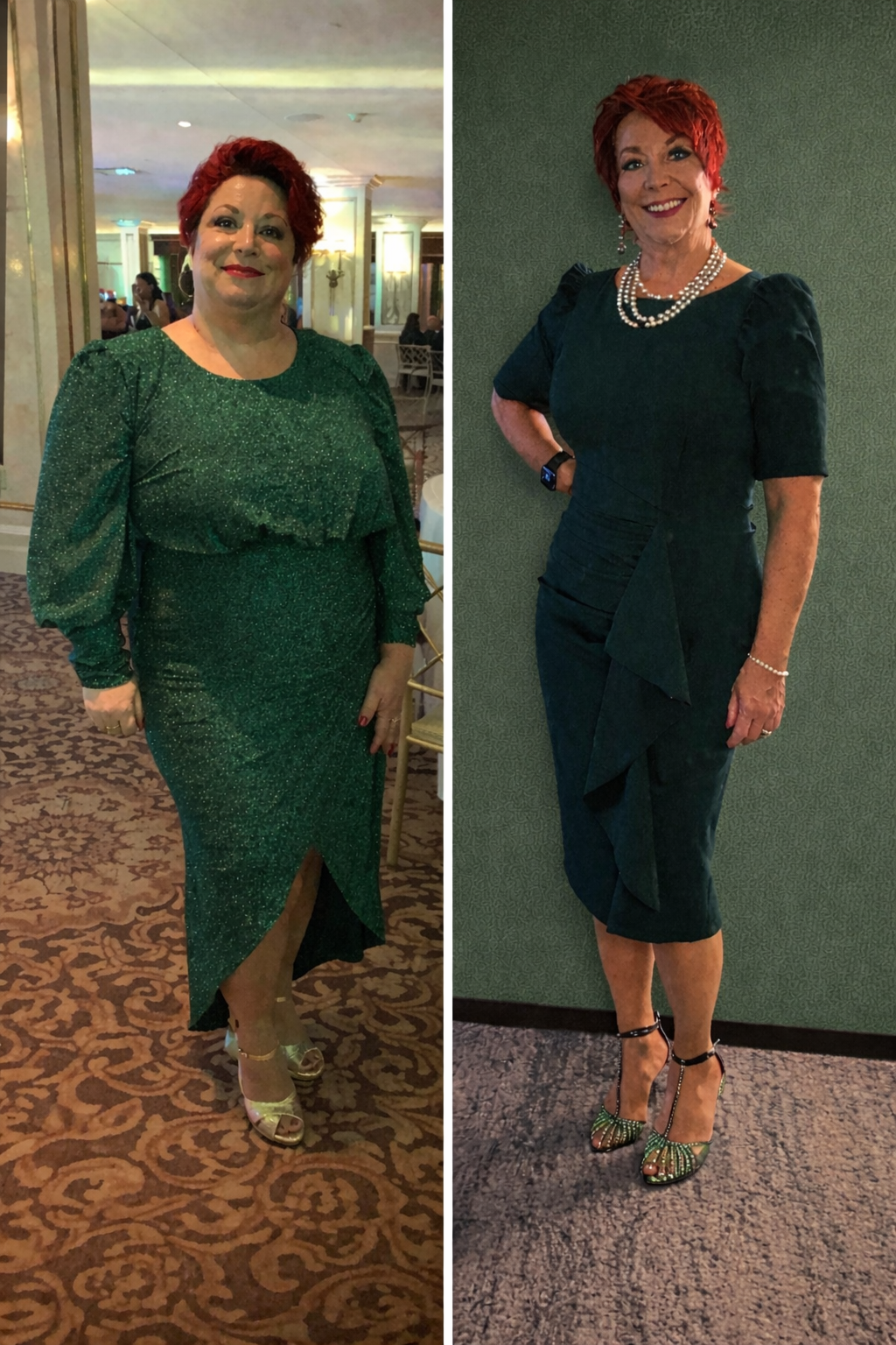 Side-by-side photos of a woman with short red hair, wearing elegant dark green outfits. In the first photo, she is in a formal setting with patterned carpet and gold decor, wearing a long, sparkly green dress with puffed sleeves, open-toe heels, and earrings. In the second photo, she is against a plain green wall, dressed in a fitted dark green dress with ruffled accents, accessorized with pearl necklaces, earrings, and a bracelet, wearing high heels with embellishments.