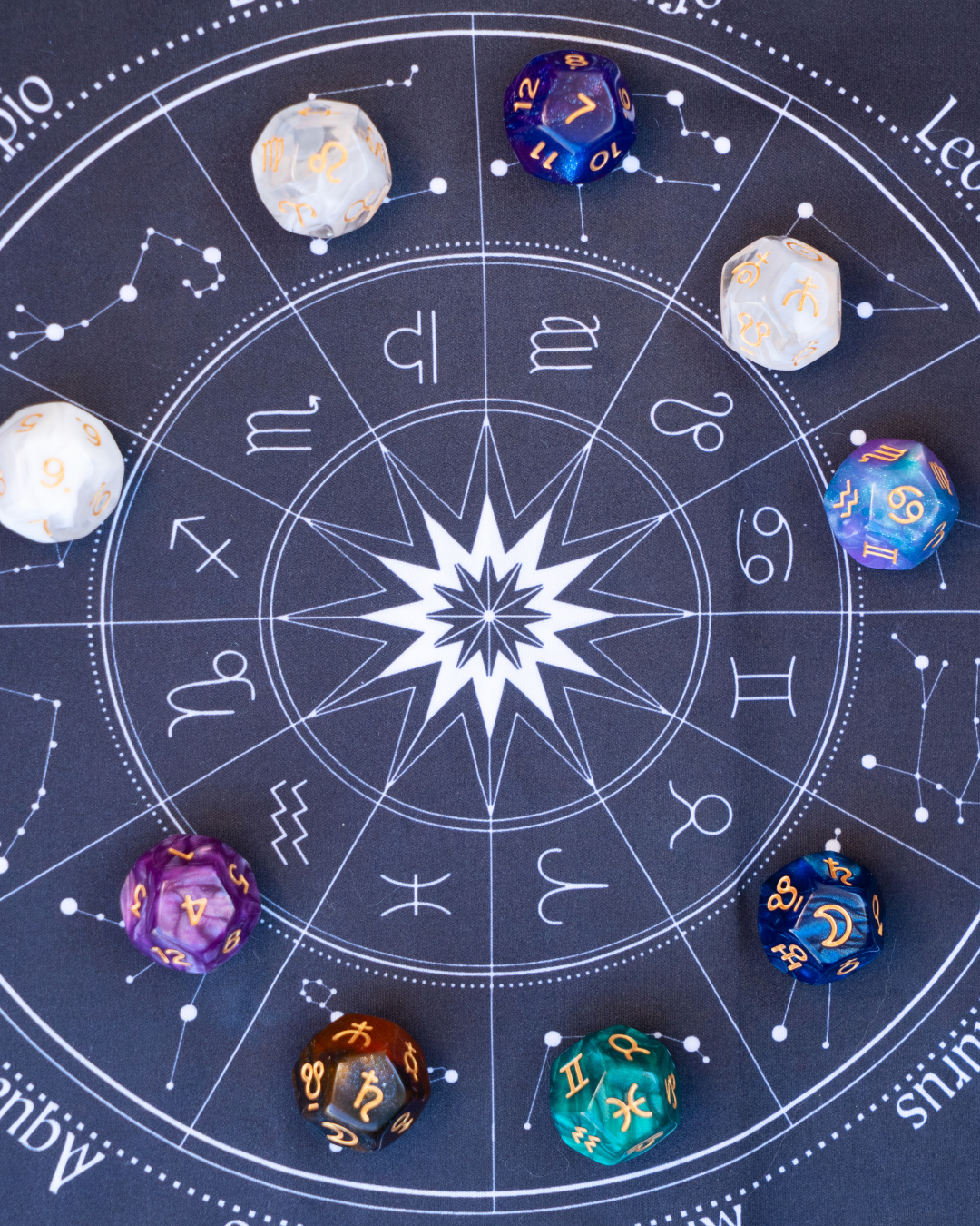 Astrology chart with various colored zodiac dice placed on it.
