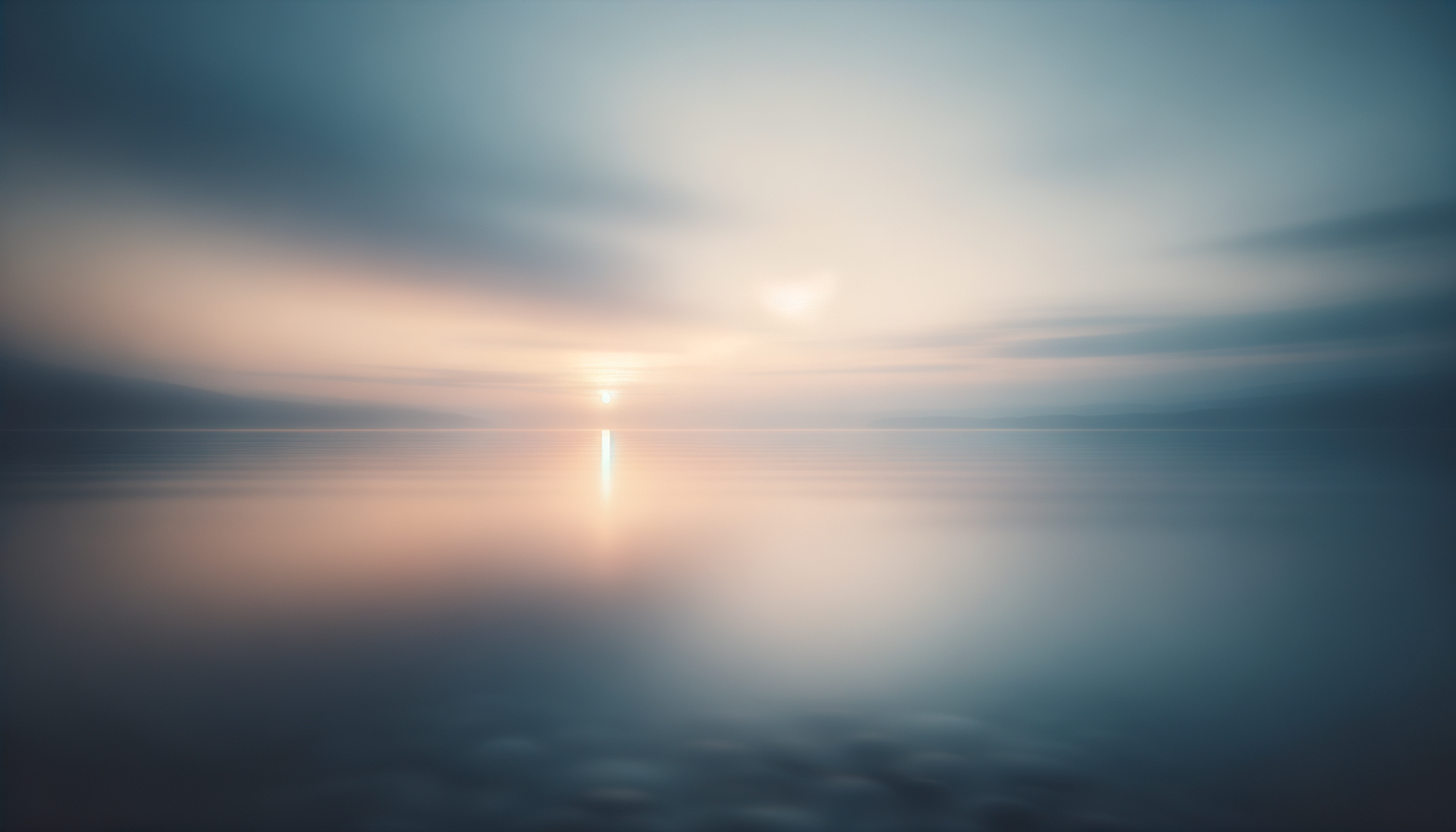 Serene ocean at sunset or sunrise with calm water, cloudy sky, and soft pastel colors.