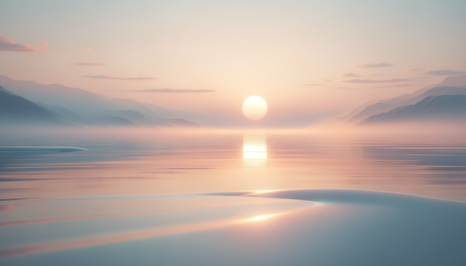 Sunset over calm, misty water with mountains in the background.