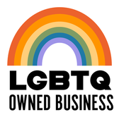 LGBTQ owned business logo with a rainbow and bold text