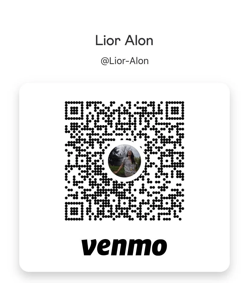 Venmo QR code with profile picture and name Lior Alon above, and Venmo logo below.