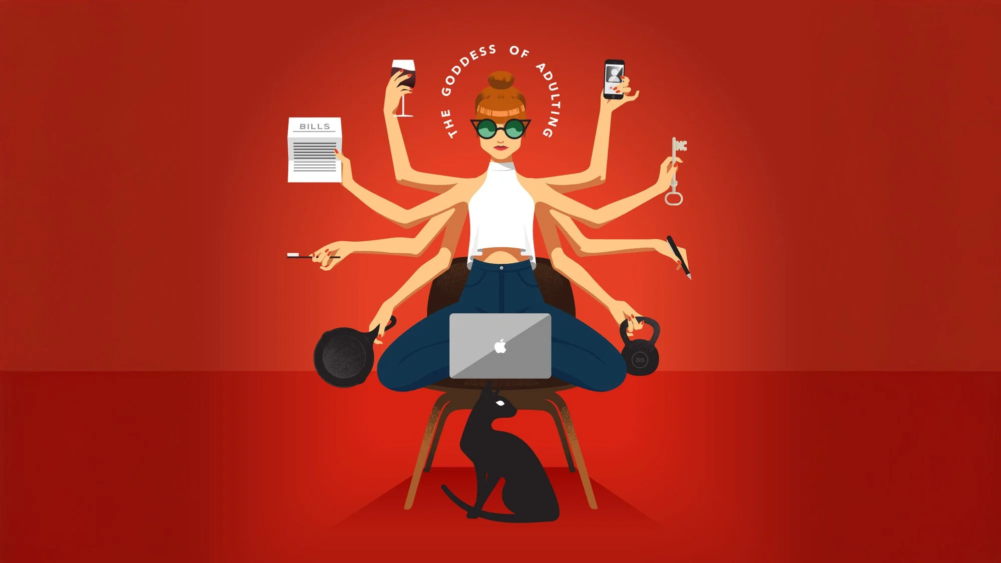 symmetrical illustration of young woman representing Hindu goddess Durga holding an object in each hand from her 8 extended arms