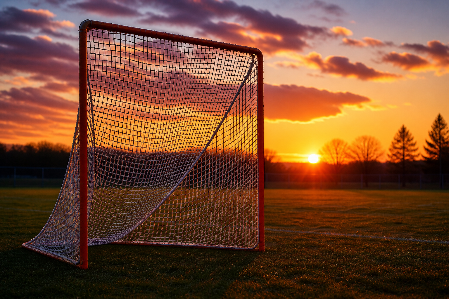 A goalpost with a net on a sports field during sunset, with a sky full of colorful clouds and a line of trees in the background.