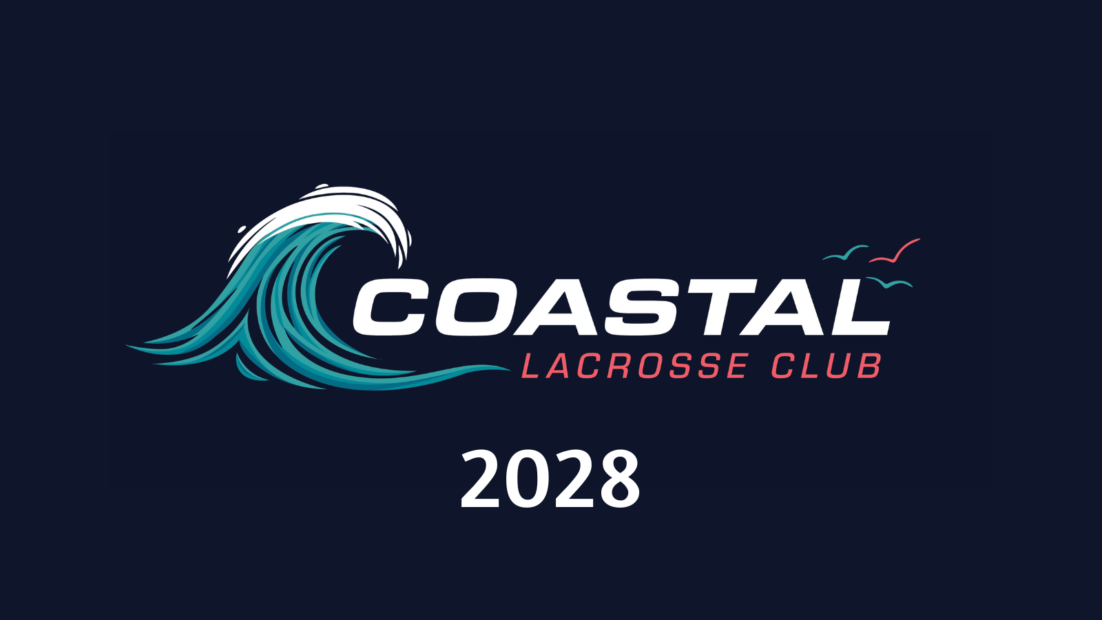 Logo for Coastal Lacrosse Club featuring a stylized wave and birds, with text indicating the year 2028.