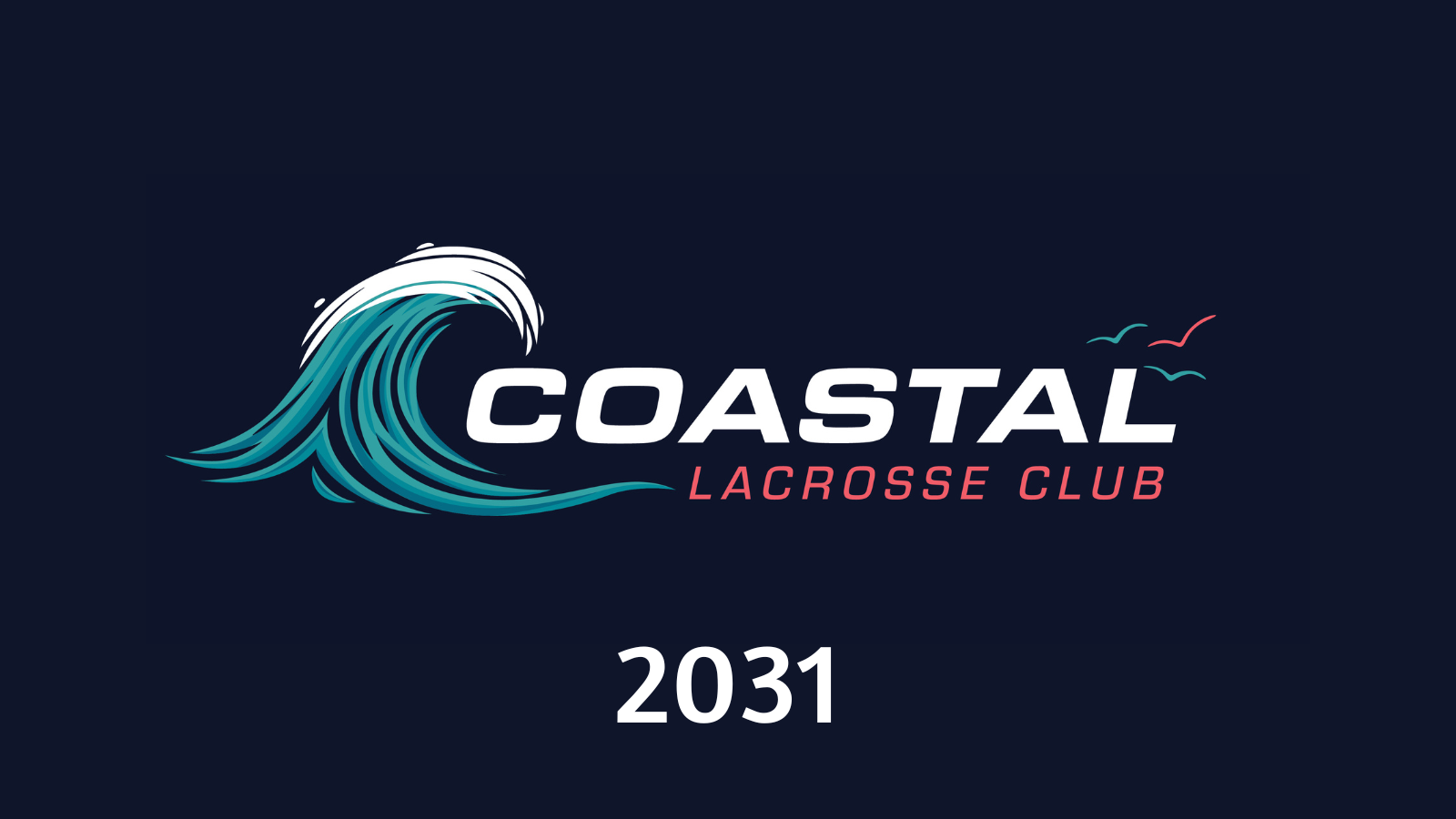 Logo for Coastal Lacrosse Club with a stylized ocean wave, the word 'COASTAL' in bold white letters, and 'LACROSSE CLUB' in pink, accompanied by seagulls, on a dark background.