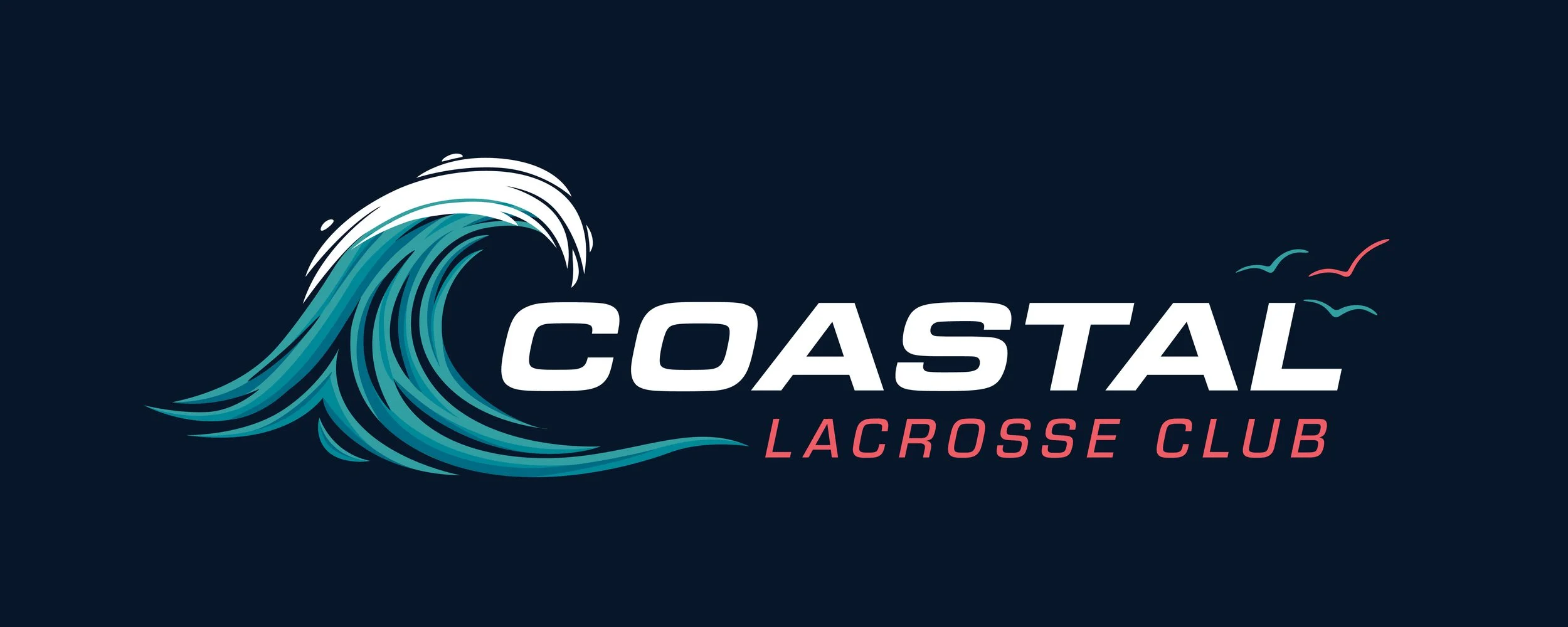A logo for Coastal Lacrosse Club featuring a stylized blue wave and three small flying seagulls, with the text 'COASTAL' in white and 'LACROSSE CLUB' in red.