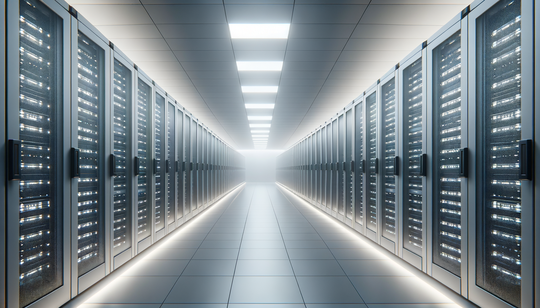 A long corridor with server racks on both sides and bright ceiling lights.