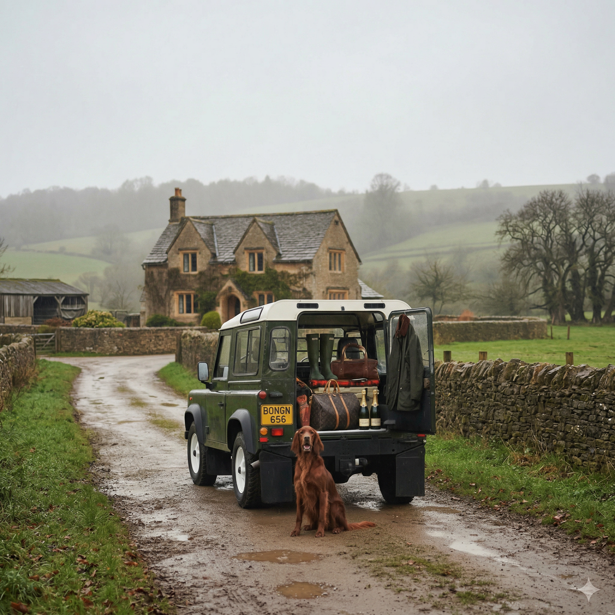 A black off-road vehicle parked on a muddy country road in front of a stone house with a cloudy sky. A brown dog sits in front of the vehicle, and the car trunk is open, showing luggage and bottles inside.
