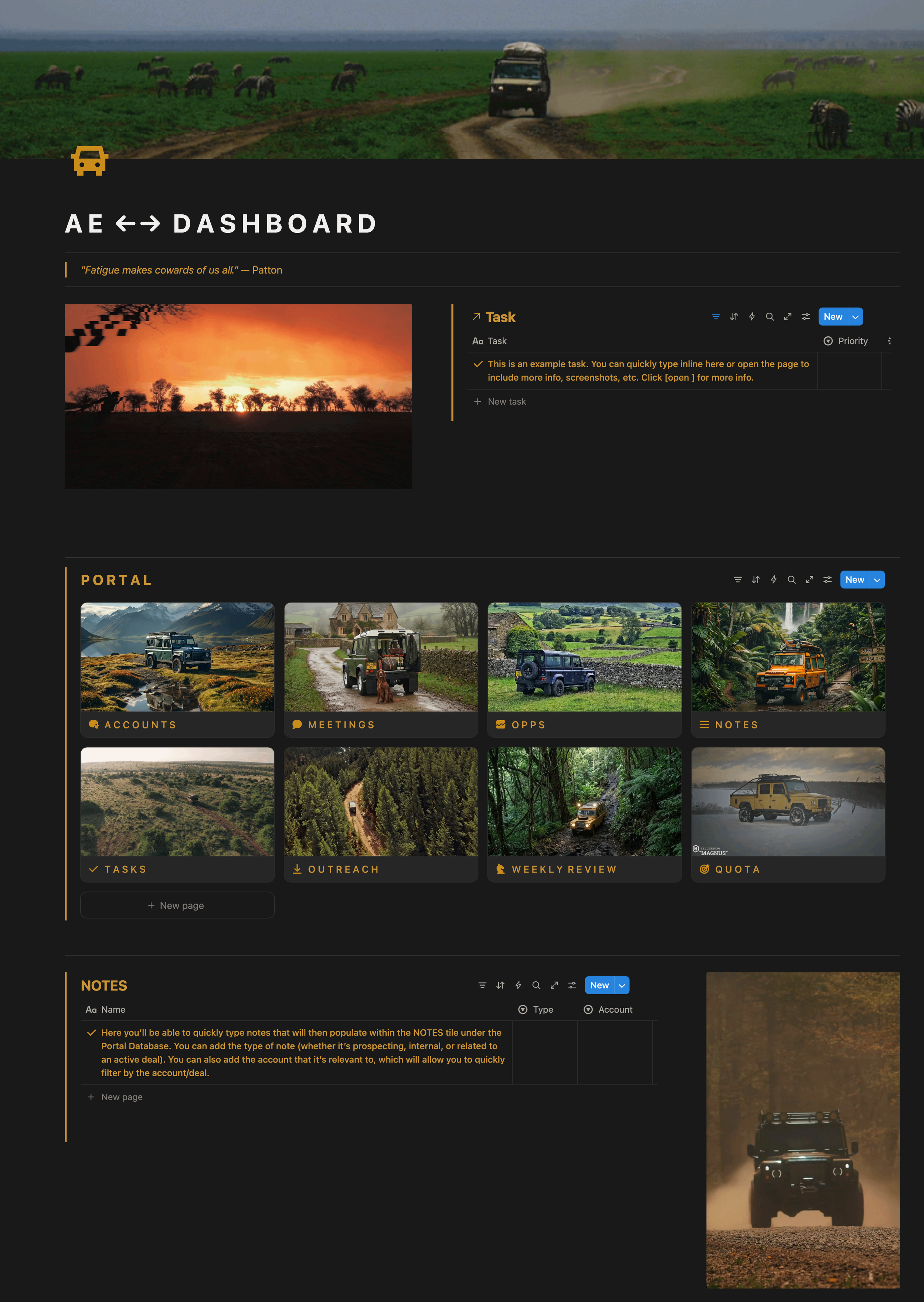 The image shows a digital dashboard interface with a black background. At the top, there is a wide banner photo of a savanna with elephants and zebra grazing, and a vehicle driving along a dirt road. Below the banner, the dashboard features various sections including a quote, a task list with an image of a sunset over the plains, and a portal with several thumbnail images of vehicles, landscapes, and a forest scene. There is also a notes section with a paragraph of text and an image of a black vehicle driving through a dusty, wooded road.