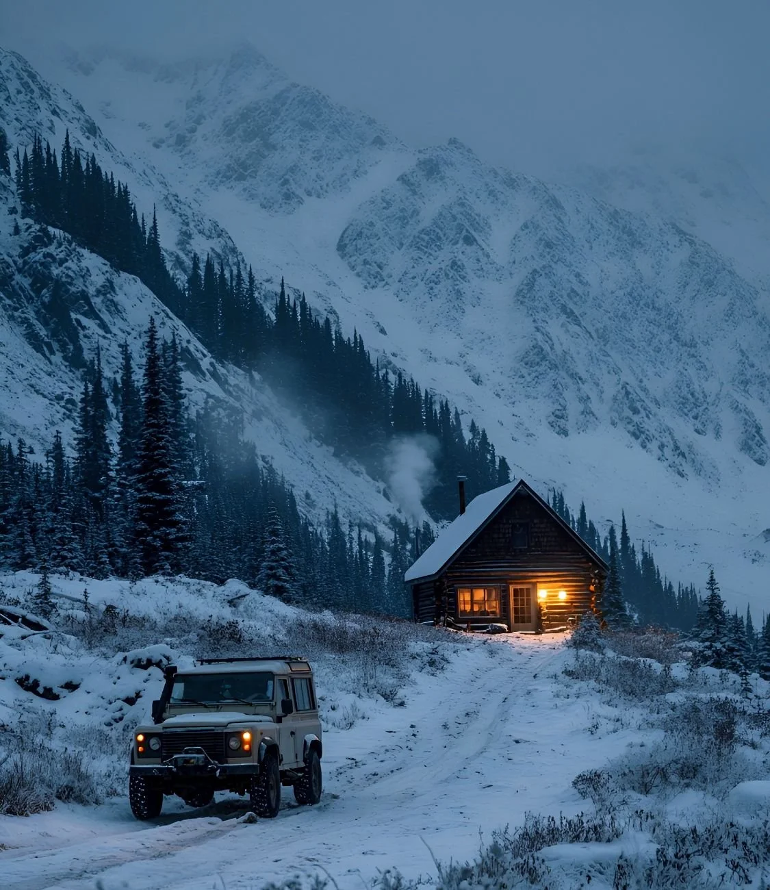 Snow-covered mountain landscape with a log cabin illuminated from within, and a vehicle parked on a snow-covered path in the foreground.