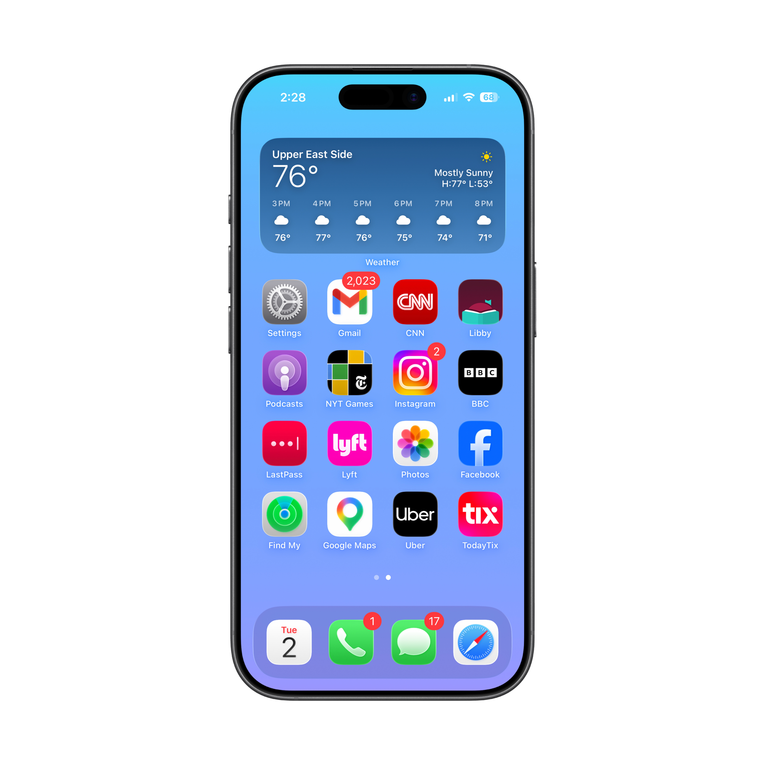 Close-up of a smartphone screen displaying the weather forecast for Upper East Side, showing 76°F and mostly sunny throughout the late afternoon, with app icons for settings, Gmail, CNN, Libby, Podcasts, NYT Games, Instagram, BBC, Facebook, LastPass, Lyft, Photos, Facebook, Find My, Google Maps, Uber, and Tix. The phone's top bar shows the time 2:28, battery at 68%, Wi-Fi signal, and cellular signal strength.