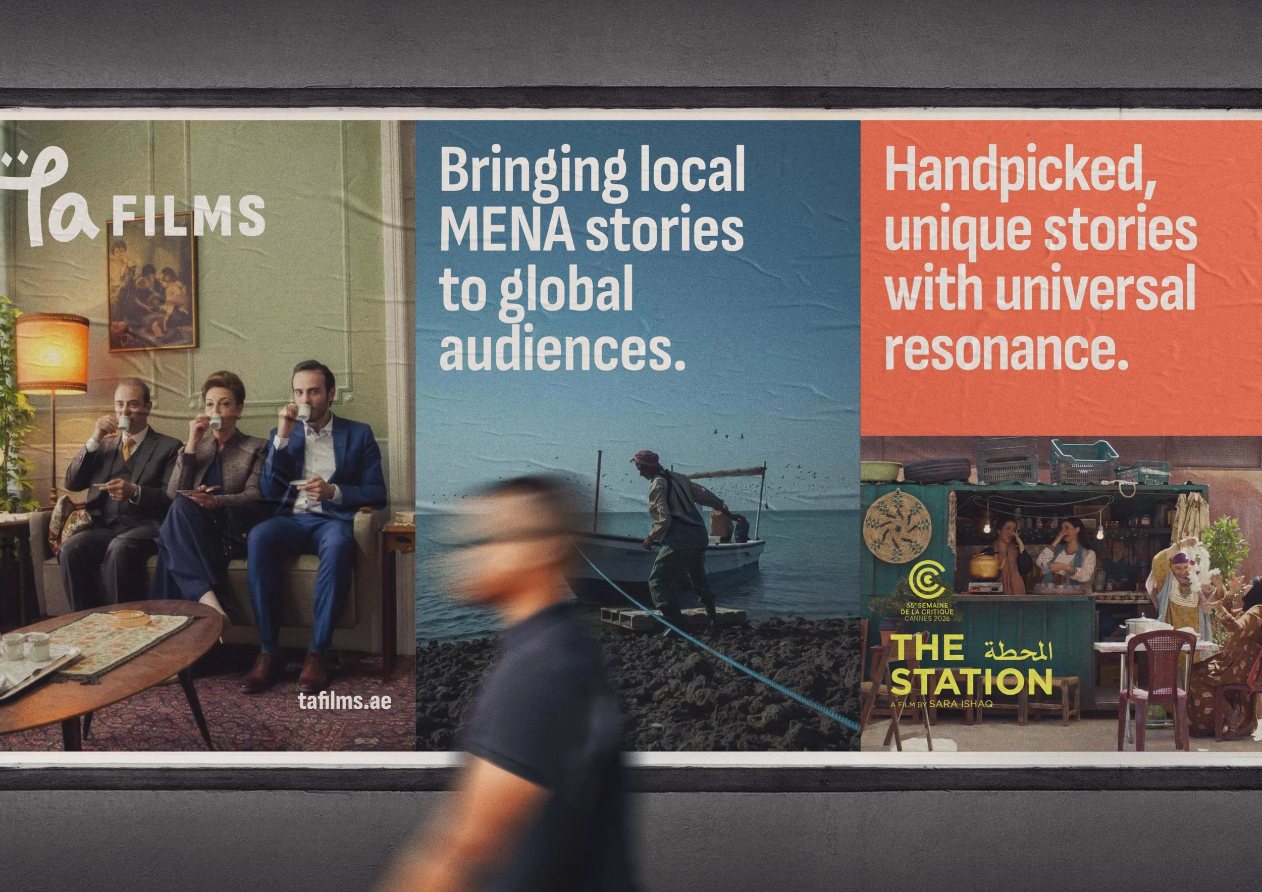 A collage of various scenes including people in a formal setting drinking tea, a boat on water, and a market stall, with text promoting local storytelling and film festivals.