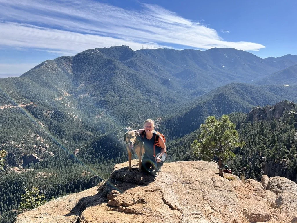 A woman with a dog on a mountain summit during daytime. The scene features vast mountain ranges, green forests, and a clear blue sky with some clouds.