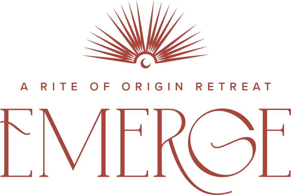 Logo with stylized rays and a crescent moon above the text 'A RITE OF ORIGIN RETREAT' and 'EMERGE' in large, elegant font.
