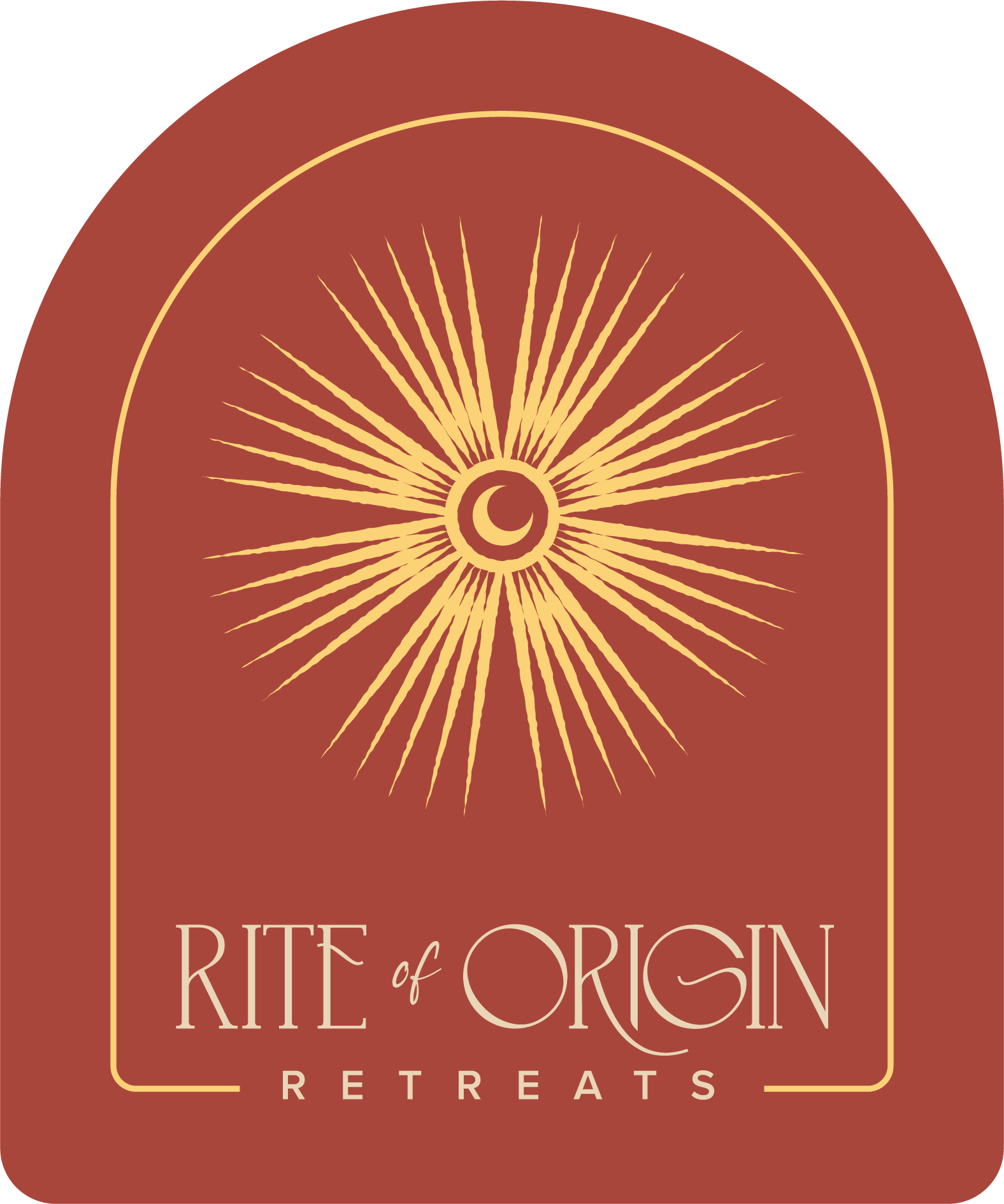 A poster with a gold sunburst design at the top and the text "Rite of Origin Retreats" below it on a reddish background.